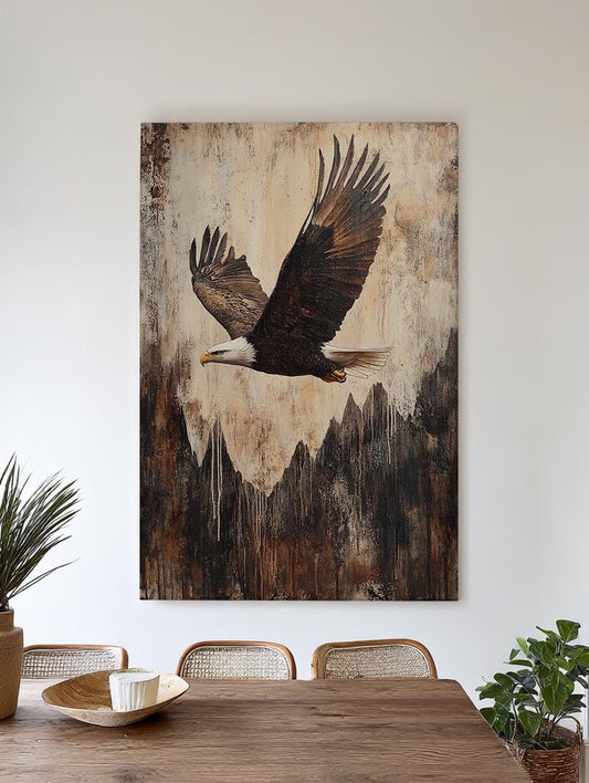Bald Eagle in Flight Canvas Art | Impasto Texture Print | Mountain Modern Wall Art For Living Room | Smoked Oyster Art Vertical Canvas