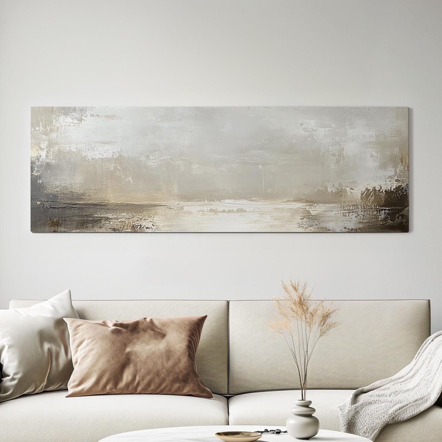 Abstract Seascape Canvas Art | Impasto Palette Knife Print | Tranquil Scandinavian Wall Art For Living Room Panoramic Wall Art