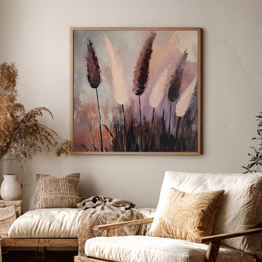 Abstract Pampas Grass Canvas Art | Impasto Print | Bohemian Wall Art For Living Room | Mauve and Blush Art Square Canvas Art