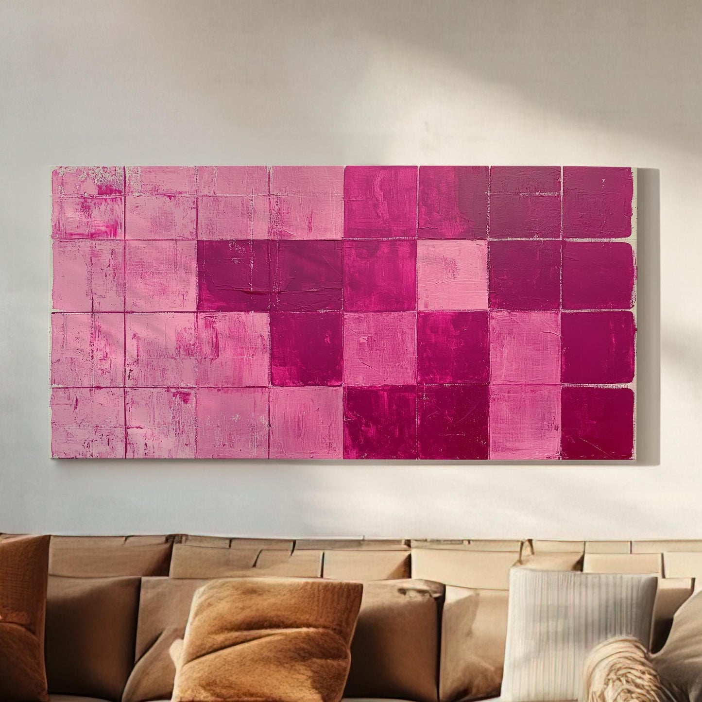 Abstract Grid Canvas Art | Impasto Textural Print | Mid Century Modern Wall Art For Living Room | Rosewood Blush Pink Art Horizontal Art