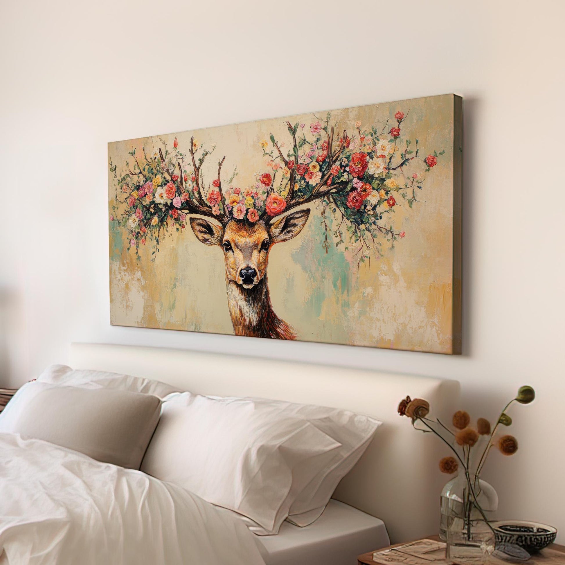 Floral Deer Antler Canvas Art | Impasto Print | Bohemian Wall Art For Living Room | Blush Pink Cream Art Horizontal Art