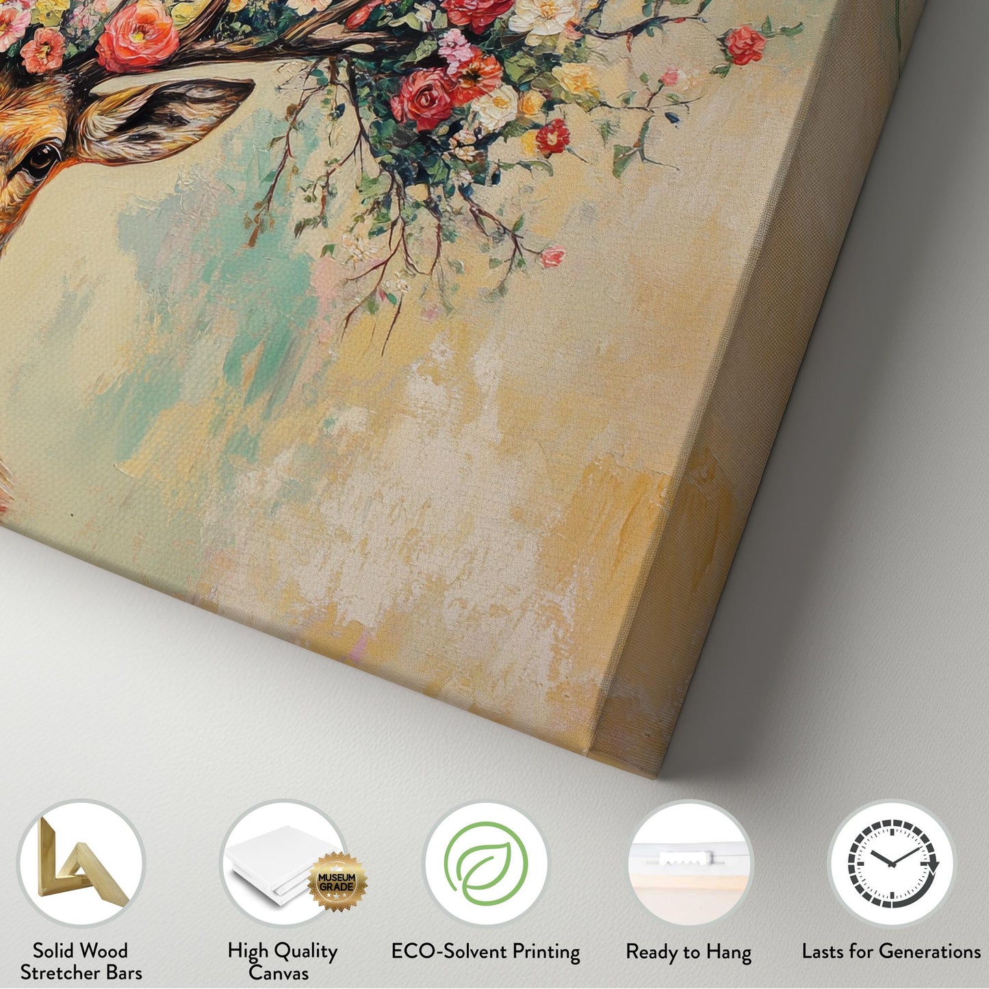 Floral Deer Antler Canvas Art | Impasto Print | Bohemian Wall Art For Living Room | Blush Pink Cream Art Horizontal Art