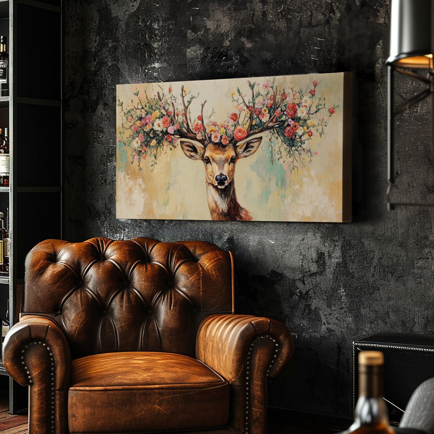 Floral Deer Antler Canvas Art | Impasto Print | Bohemian Wall Art For Living Room | Blush Pink Cream Art Horizontal Art