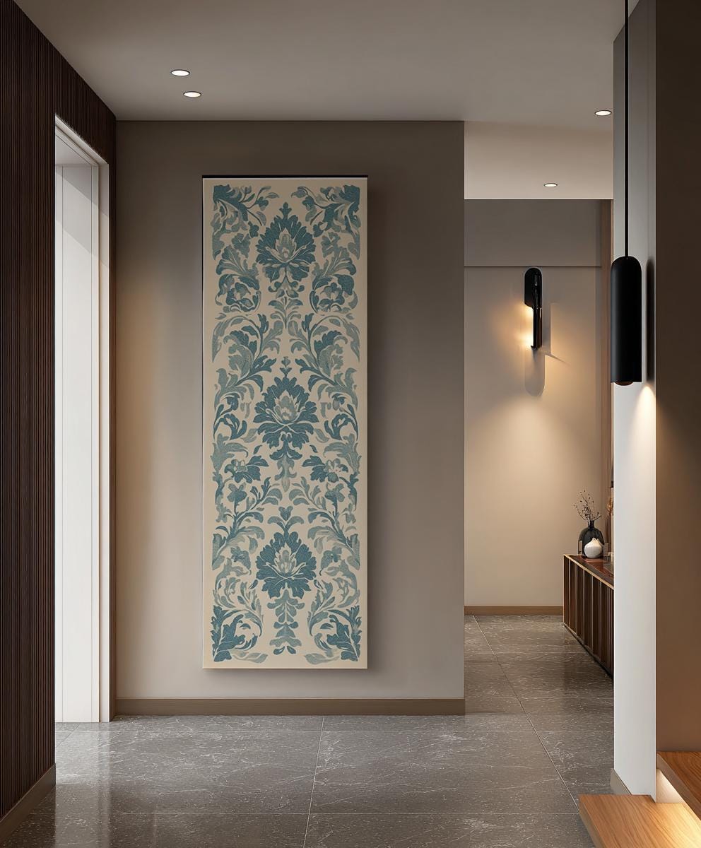 Floral Damask Canvas Art | French Rococo Print | Bohemian Wall Art For Living Room | Seashell Beige Art Long Vertical Art