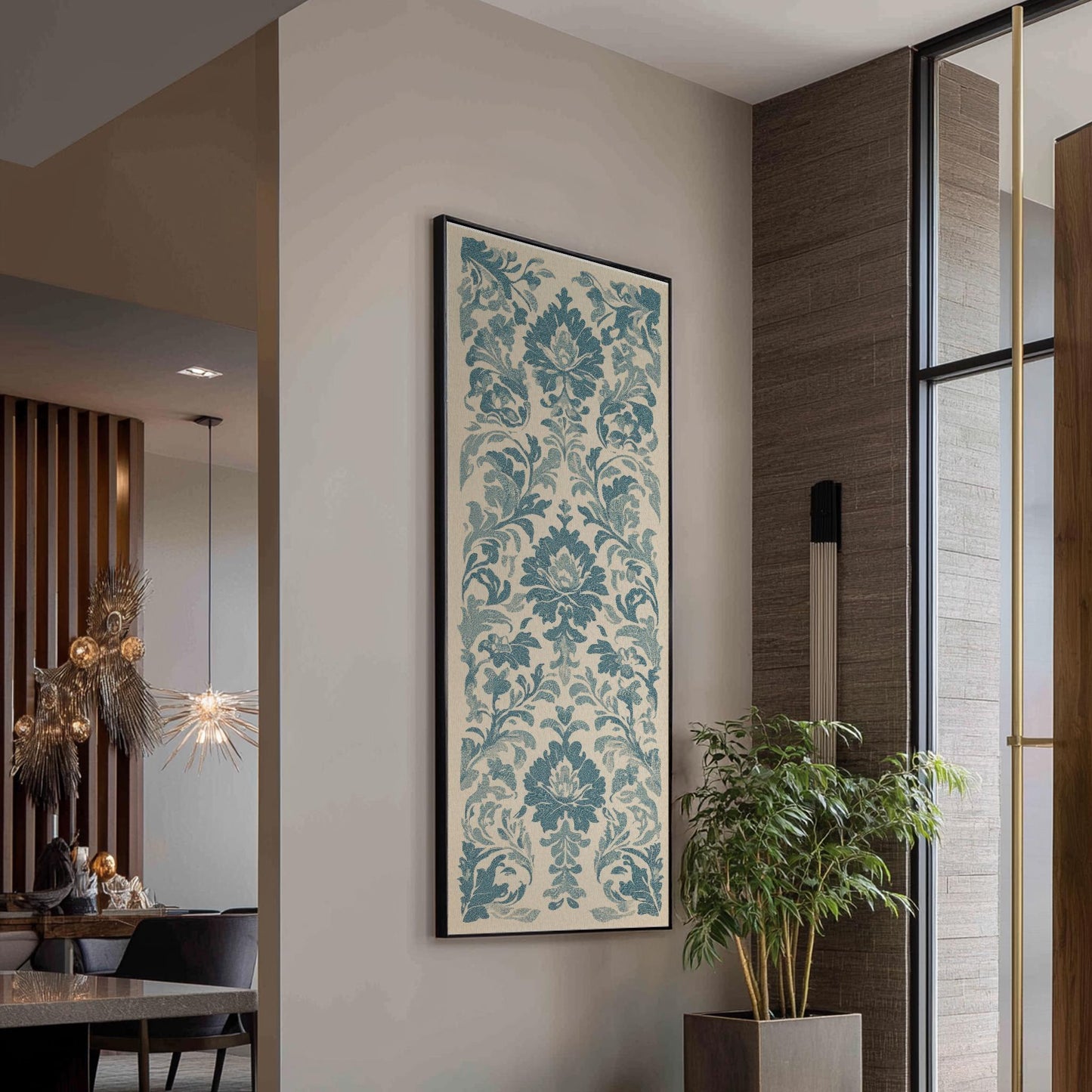 Floral Damask Canvas Art | French Rococo Print | Bohemian Wall Art For Living Room | Seashell Beige Art Long Vertical Art