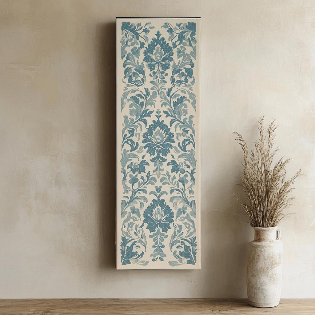 Floral Damask Canvas Art | French Rococo Print | Bohemian Wall Art For Living Room | Seashell Beige Art Long Vertical Art