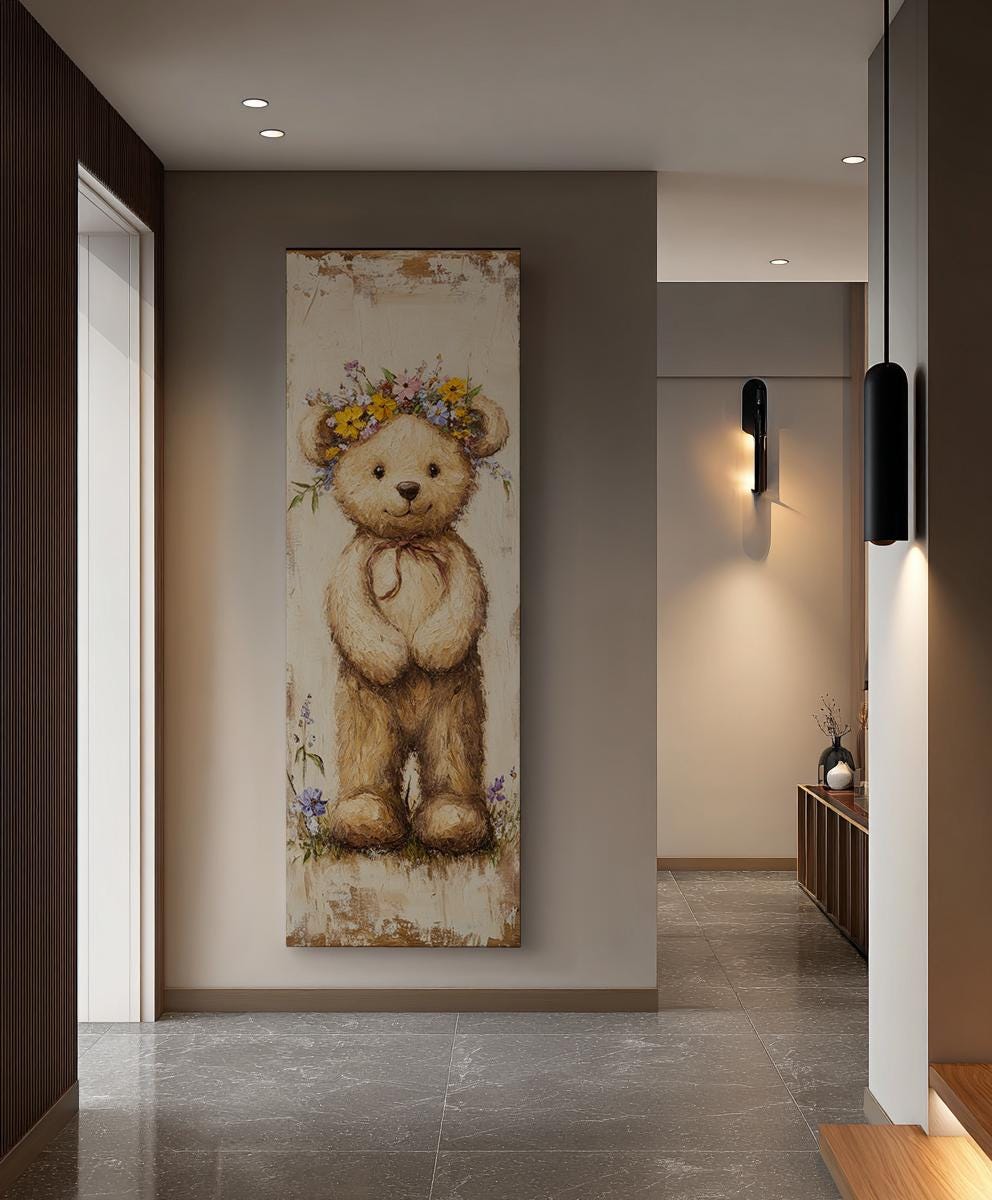 Floral Crown Teddy Bear Canvas Art | Impasto Painting Print | Bohemian Wall Art For Nursery | Creamy Linen Art Long Vertical Art
