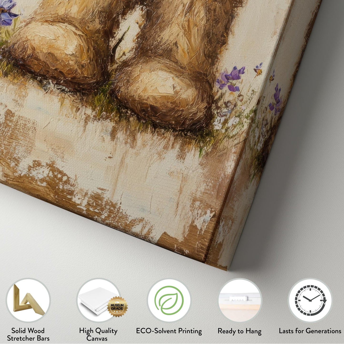 Floral Crown Teddy Bear Canvas Art | Impasto Painting Print | Bohemian Wall Art For Nursery | Creamy Linen Art Long Vertical Art