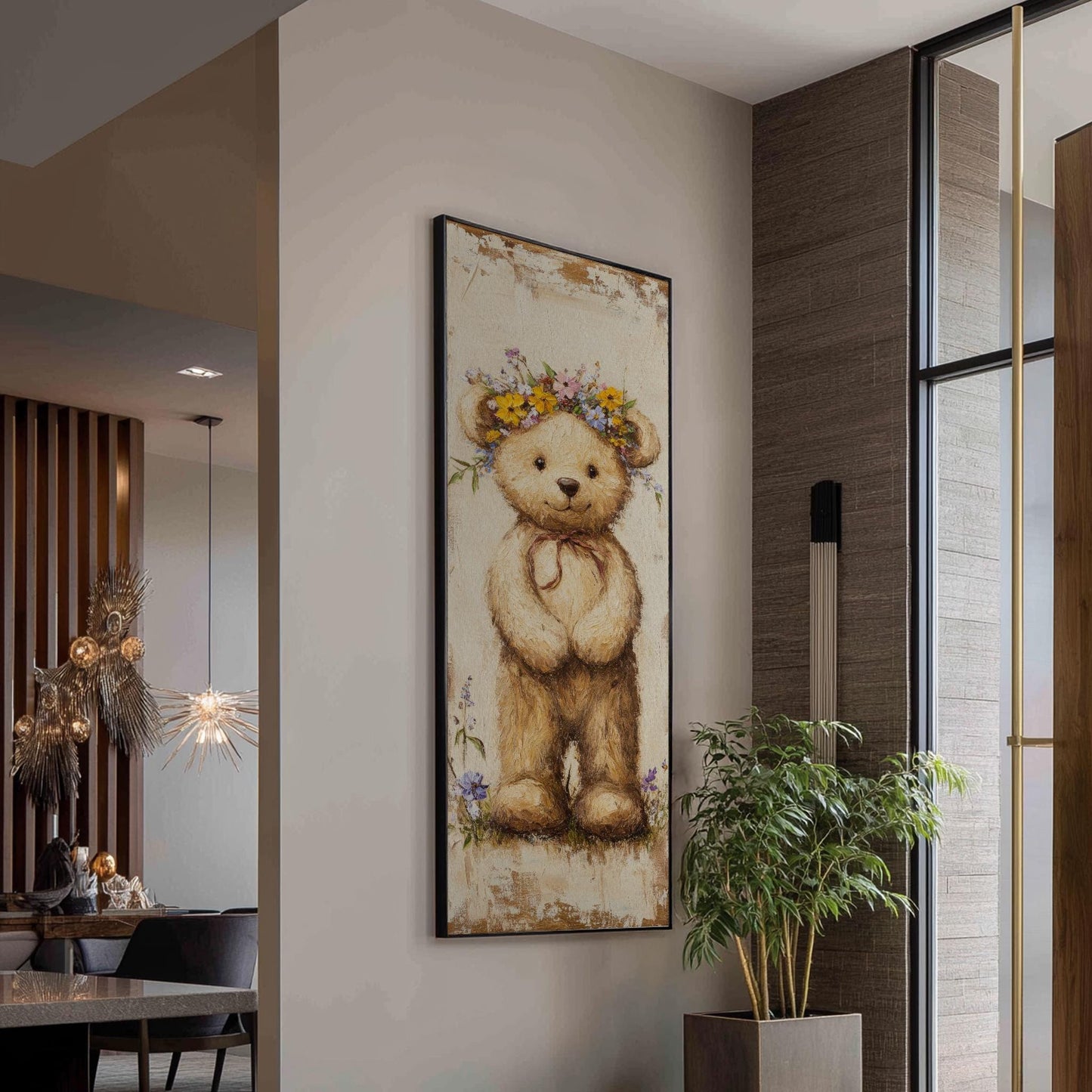 Floral Crown Teddy Bear Canvas Art | Impasto Painting Print | Bohemian Wall Art For Nursery | Creamy Linen Art Long Vertical Art