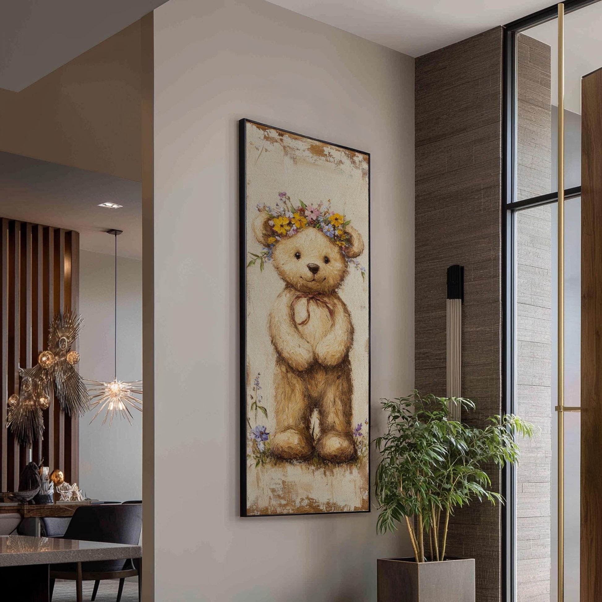 Floral Crown Teddy Bear Canvas Art | Impasto Painting Print | Bohemian Wall Art For Nursery | Creamy Linen Art Long Vertical Art