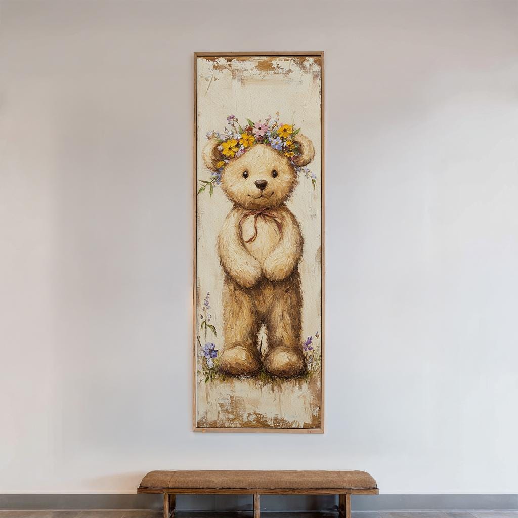 Floral Crown Teddy Bear Canvas Art | Impasto Painting Print | Bohemian Wall Art For Nursery | Creamy Linen Art Long Vertical Art