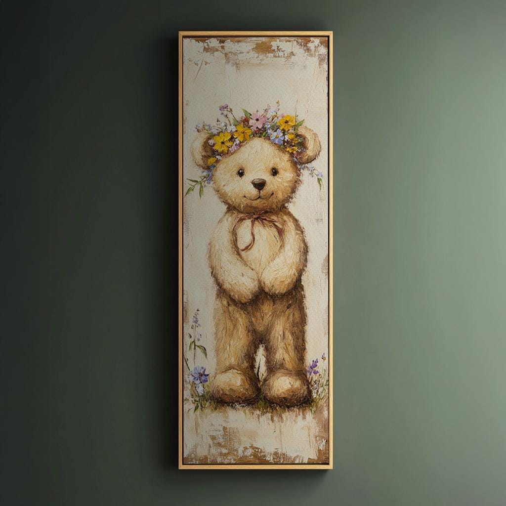Floral Crown Teddy Bear Canvas Art | Impasto Painting Print | Bohemian Wall Art For Nursery | Creamy Linen Art Long Vertical Art