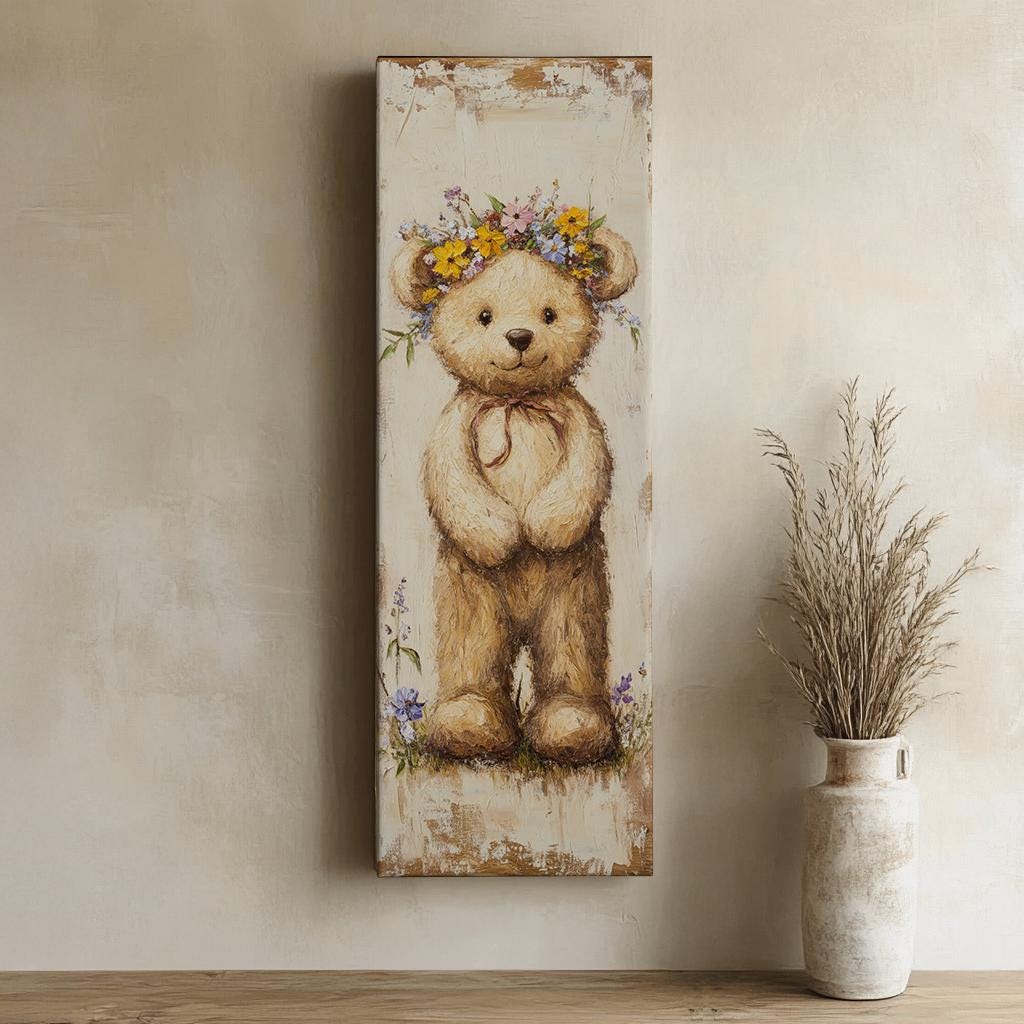 Floral Crown Teddy Bear Canvas Art | Impasto Painting Print | Bohemian Wall Art For Nursery | Creamy Linen Art Long Vertical Art