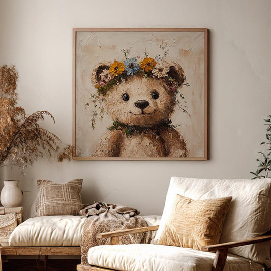 Floral Crown Teddy Bear Canvas Art | Impasto Painting Print | Bohemian Wall Art For Nursery | Creamy Beige Art Square Canvas Art