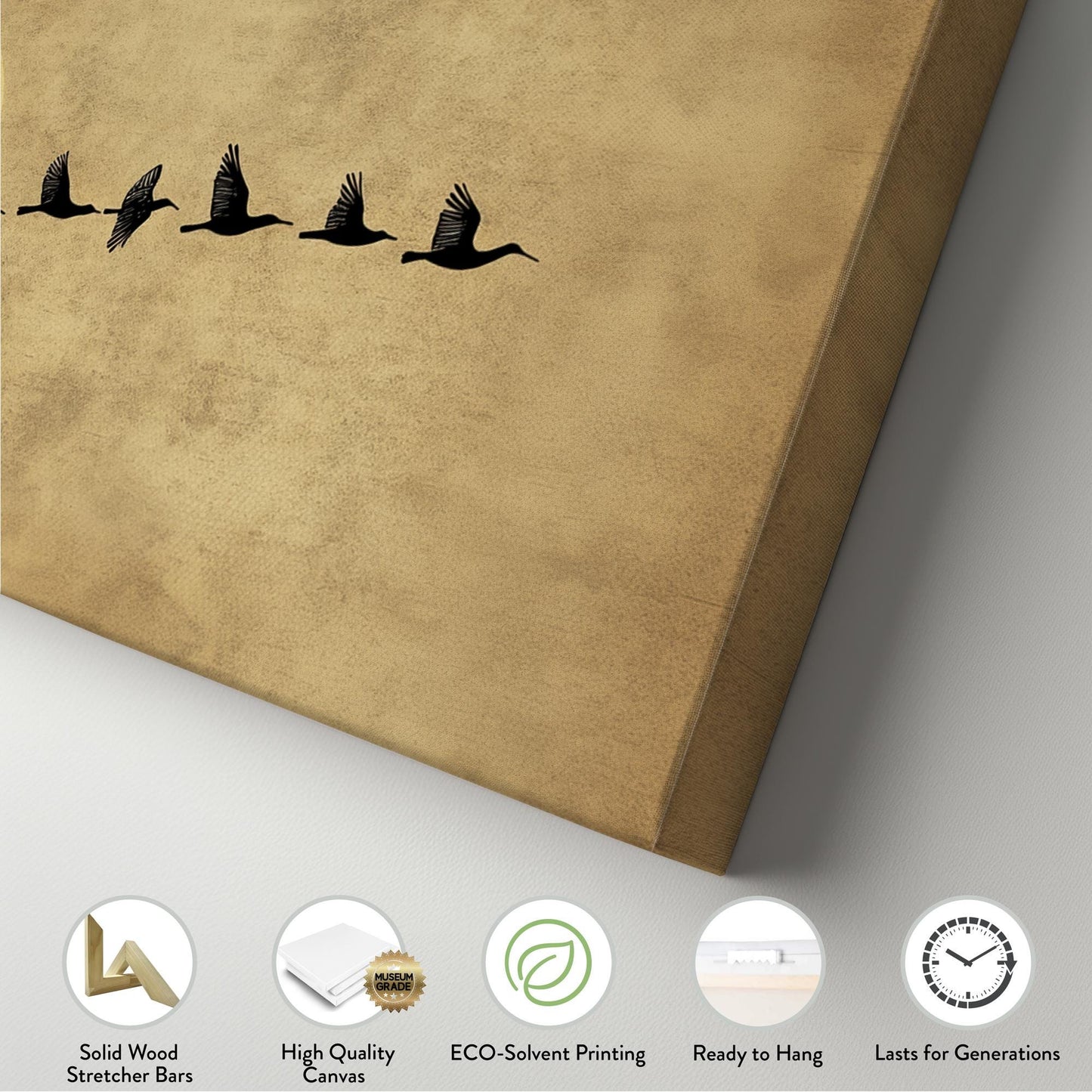 Flock of Birds Canvas Art | Silhouette Print | Bohemian Wall Art For Living Room | Antique Gold Art | Tranquil Decor Panoramic Wall Art