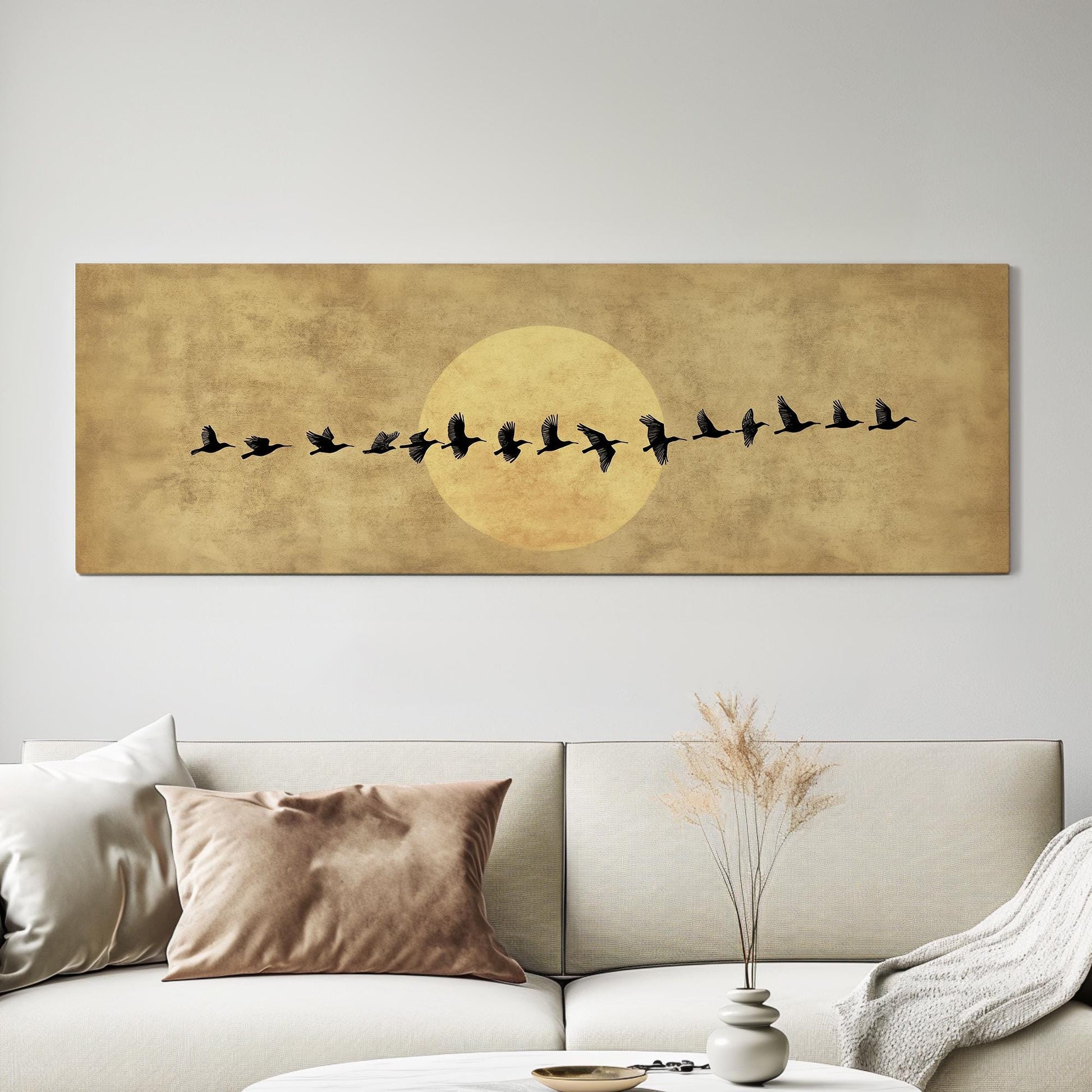 Flock of Birds Canvas Art | Silhouette Print | Bohemian Wall Art For Living Room | Antique Gold Art | Tranquil Decor Panoramic Wall Art