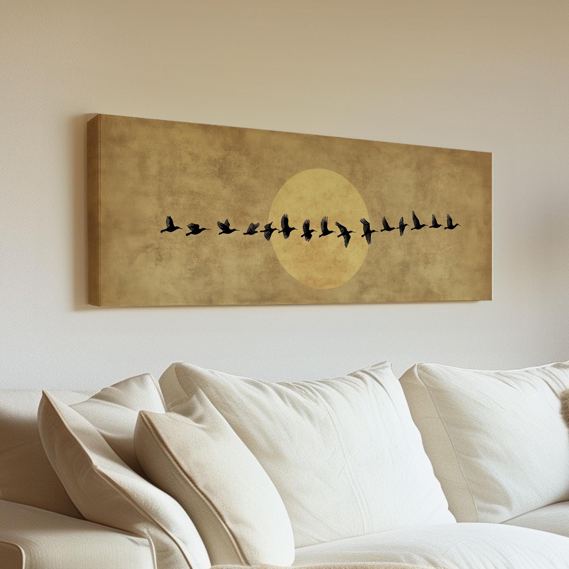 Flock of Birds Canvas Art | Silhouette Print | Bohemian Wall Art For Living Room | Antique Gold Art | Tranquil Decor Panoramic Wall Art