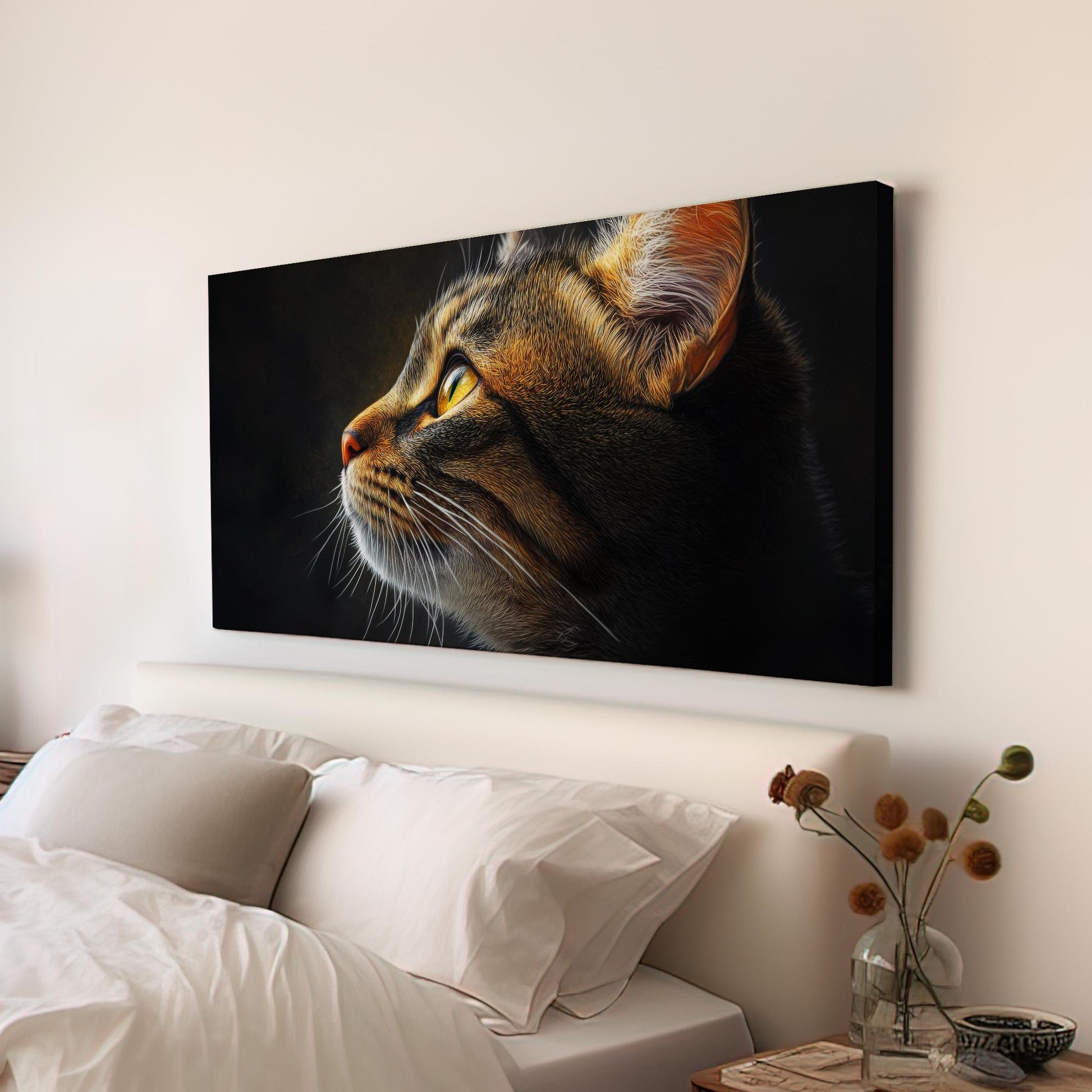 Feline Gaze Canvas Art | Impressionistic Digital Print | Bohemian Wall Art For Living Room | Amber Sunset Art Horizontal Art