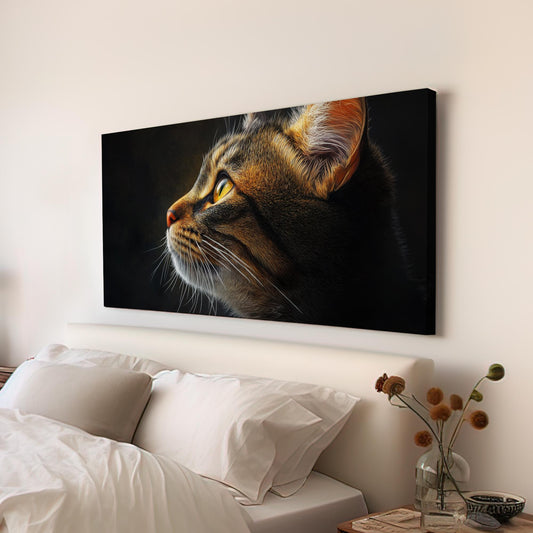 Feline Gaze Canvas Art | Impressionistic Digital Print | Bohemian Wall Art For Living Room | Amber Sunset Art Horizontal Art