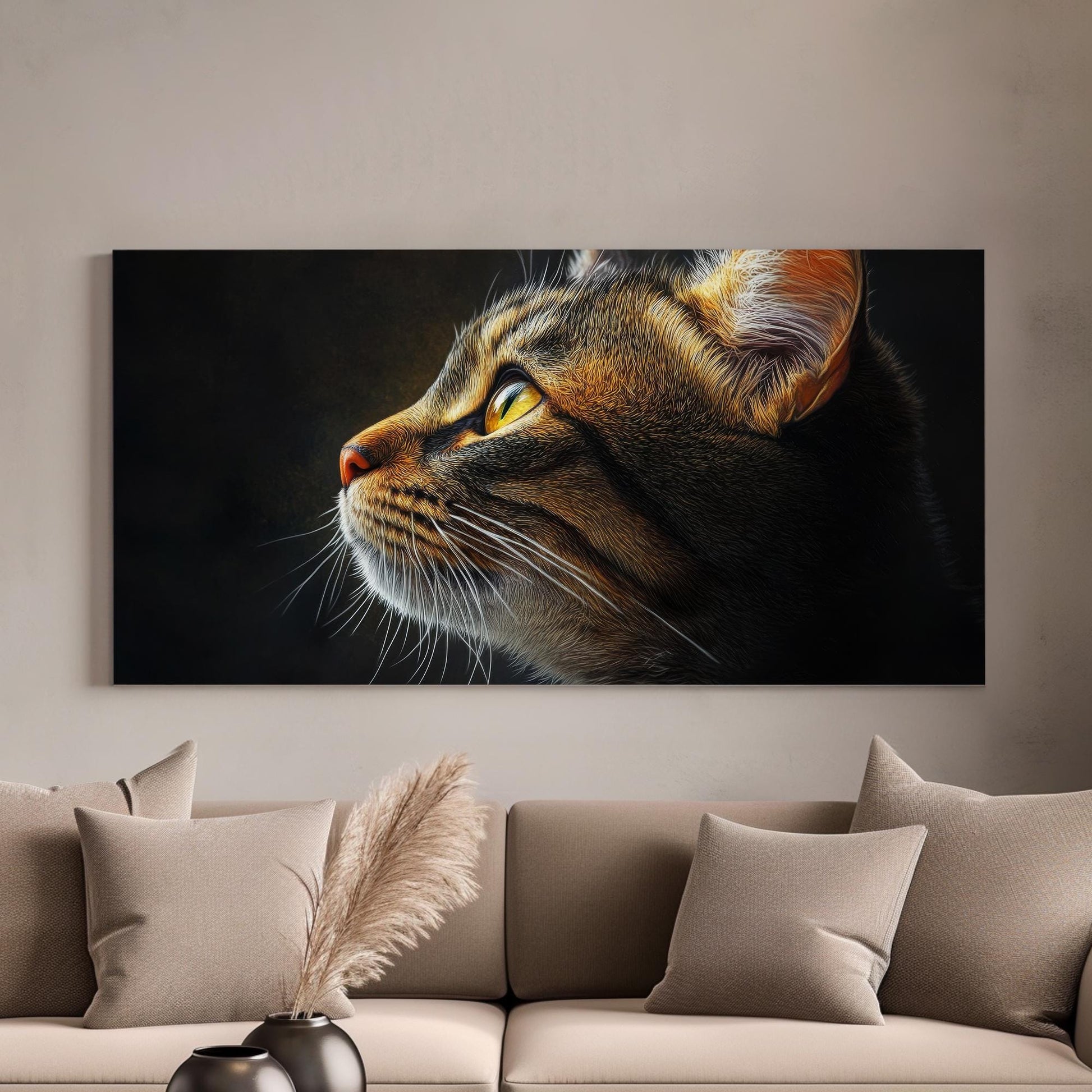 Feline Gaze Canvas Art | Impressionistic Digital Print | Bohemian Wall Art For Living Room | Amber Sunset Art Horizontal Art