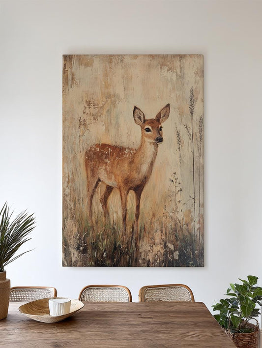 Fawn in Meadow Canvas Art | Impasto Textured Print | Bohemian Wall Art For Living Room | Sandstone Clay Art Vertical Canvas