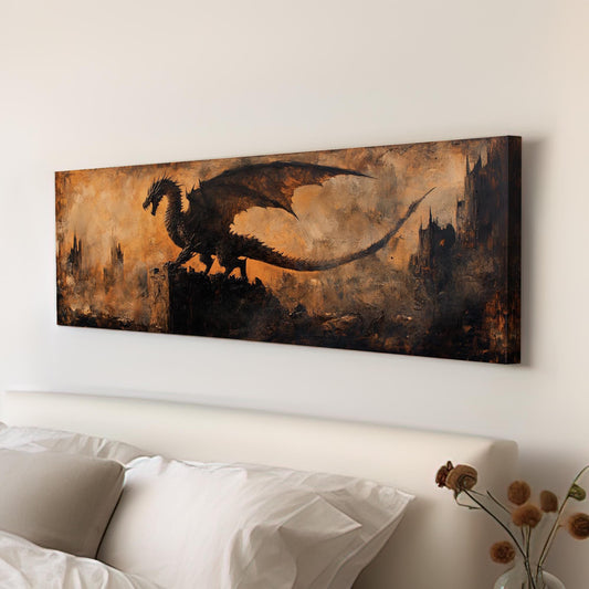 Dragons Shadow Canvas Art | Impasto Print | Industrial Gothic Wall Art For Living Room | Burnt Sienna Art Panoramic Wall Art