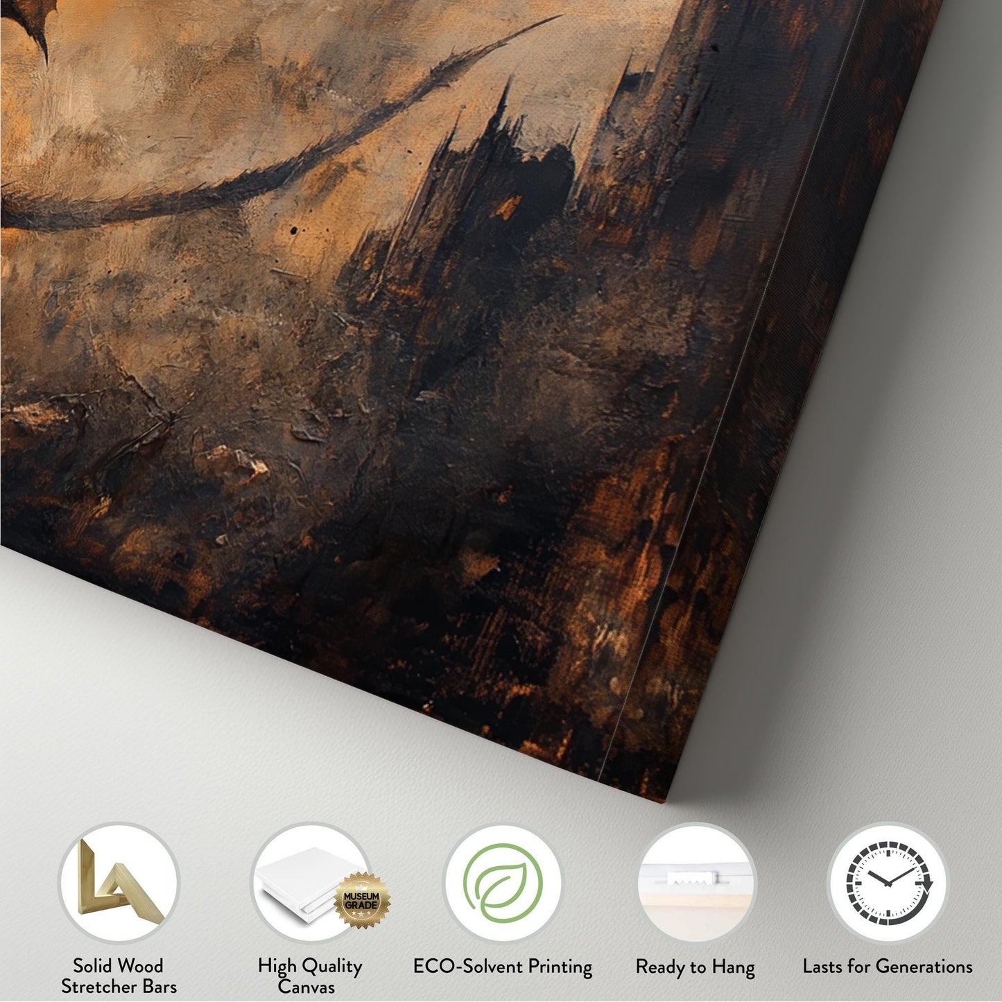 Dragons Shadow Canvas Art | Impasto Print | Industrial Gothic Wall Art For Living Room | Burnt Sienna Art Panoramic Wall Art