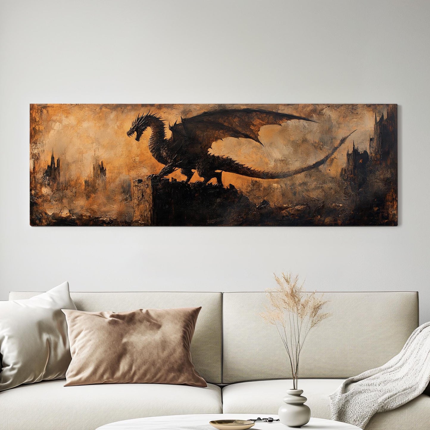 Dragons Shadow Canvas Art | Impasto Print | Industrial Gothic Wall Art For Living Room | Burnt Sienna Art Panoramic Wall Art