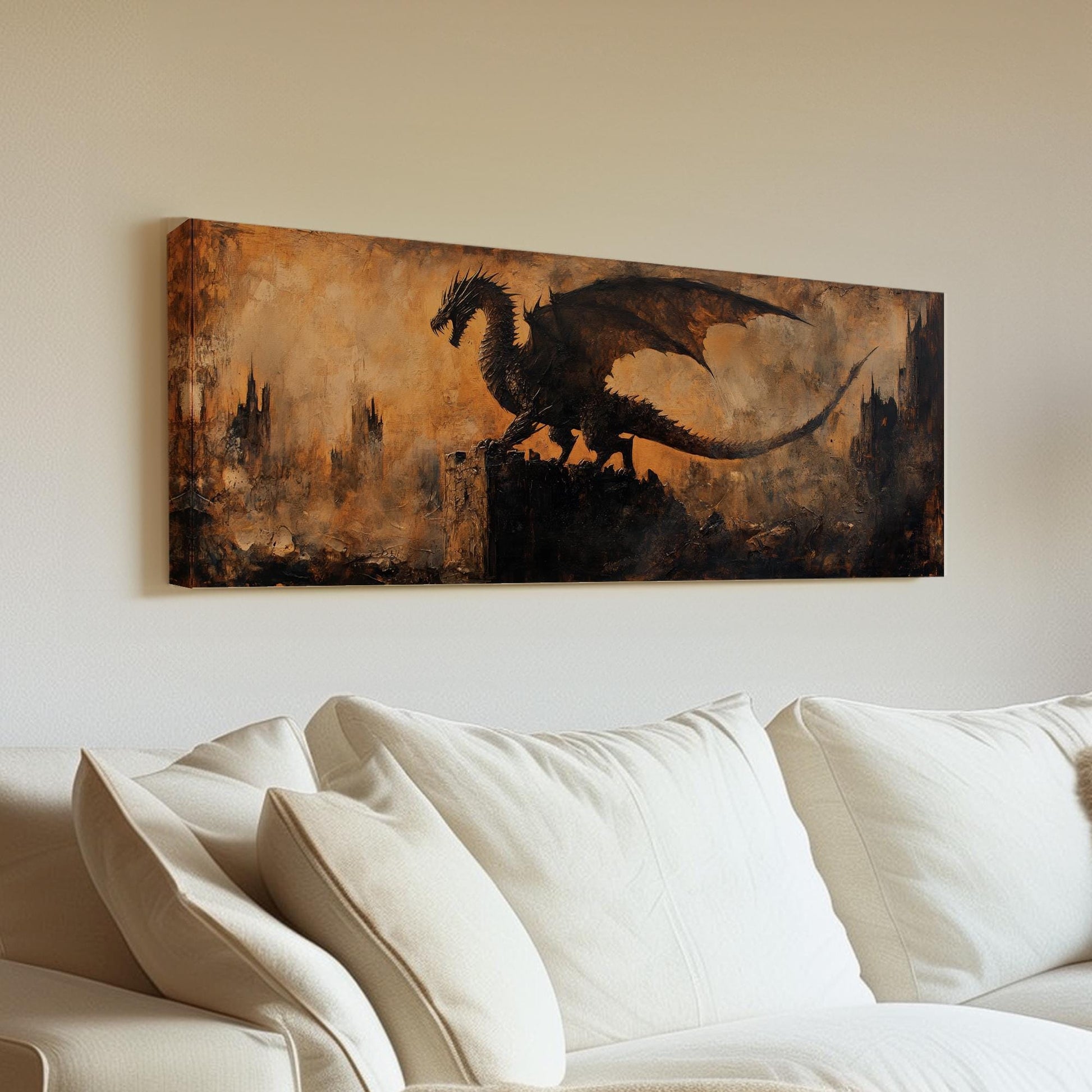 Dragons Shadow Canvas Art | Impasto Print | Industrial Gothic Wall Art For Living Room | Burnt Sienna Art Panoramic Wall Art