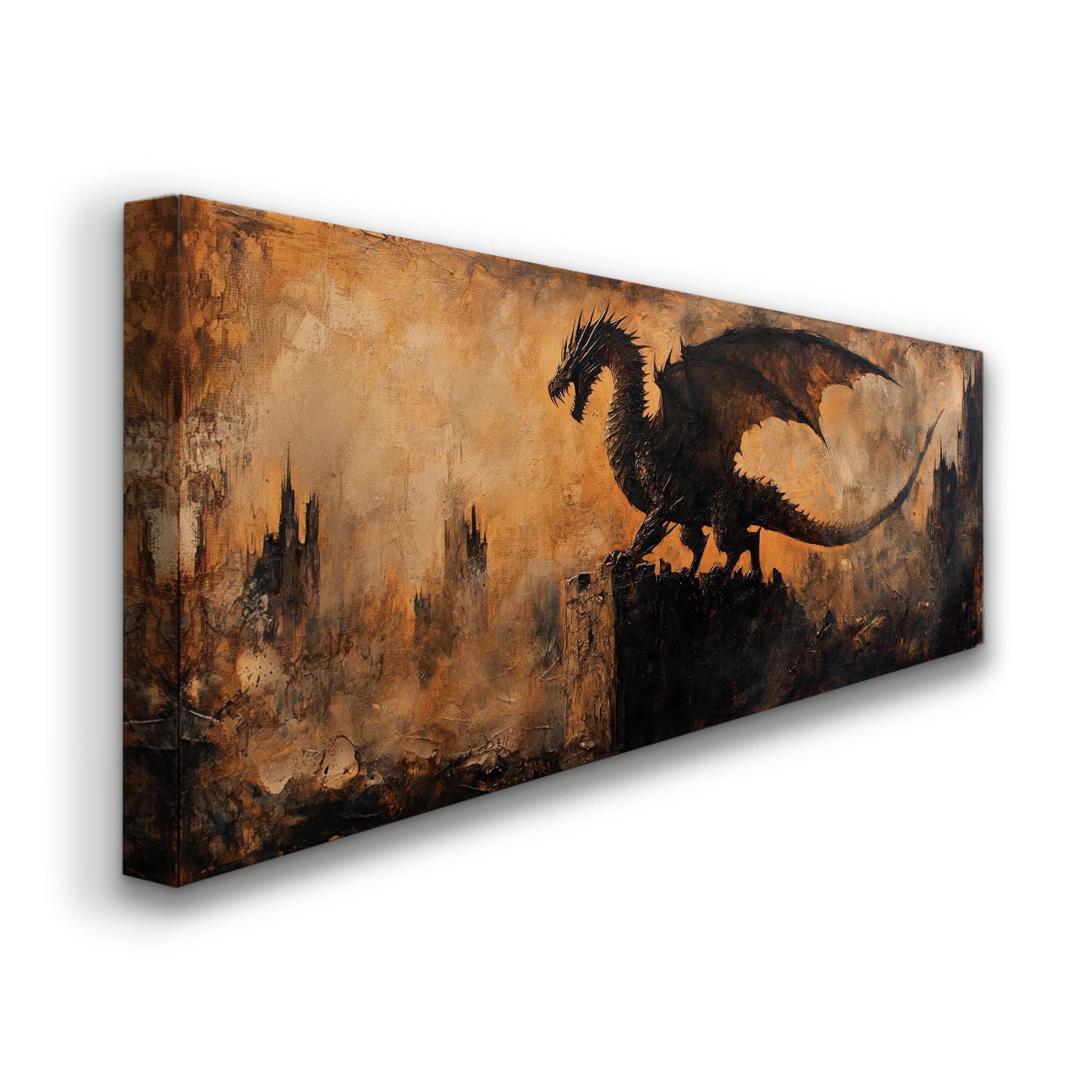 Dragons Shadow Canvas Art | Impasto Print | Industrial Gothic Wall Art For Living Room | Burnt Sienna Art Panoramic Wall Art