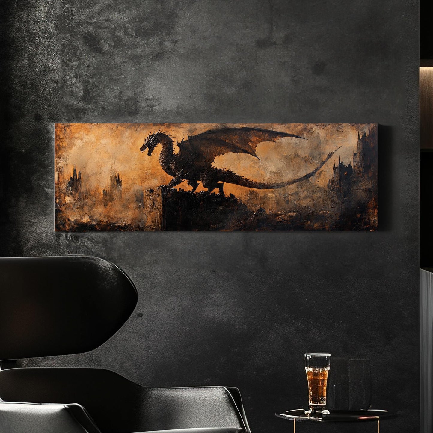 Dragons Shadow Canvas Art | Impasto Print | Industrial Gothic Wall Art For Living Room | Burnt Sienna Art Panoramic Wall Art