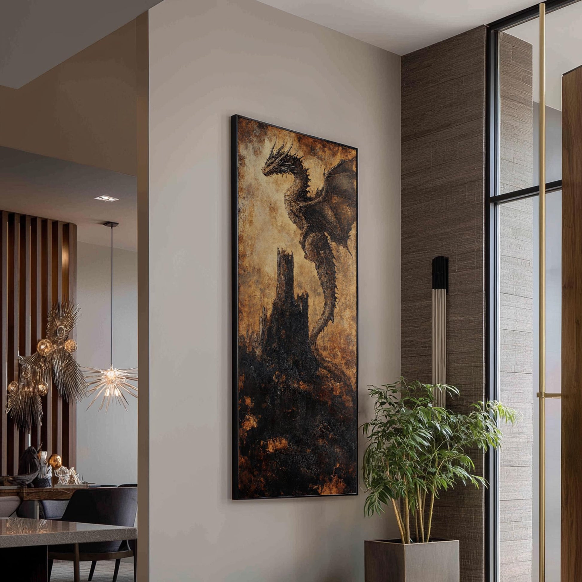 Dragons Perch Canvas Art | Impasto Print | Bohemian Wall Art For Living Room | Burnt Sienna Obsidian Art | Fantasy Decor Long Vertical Art