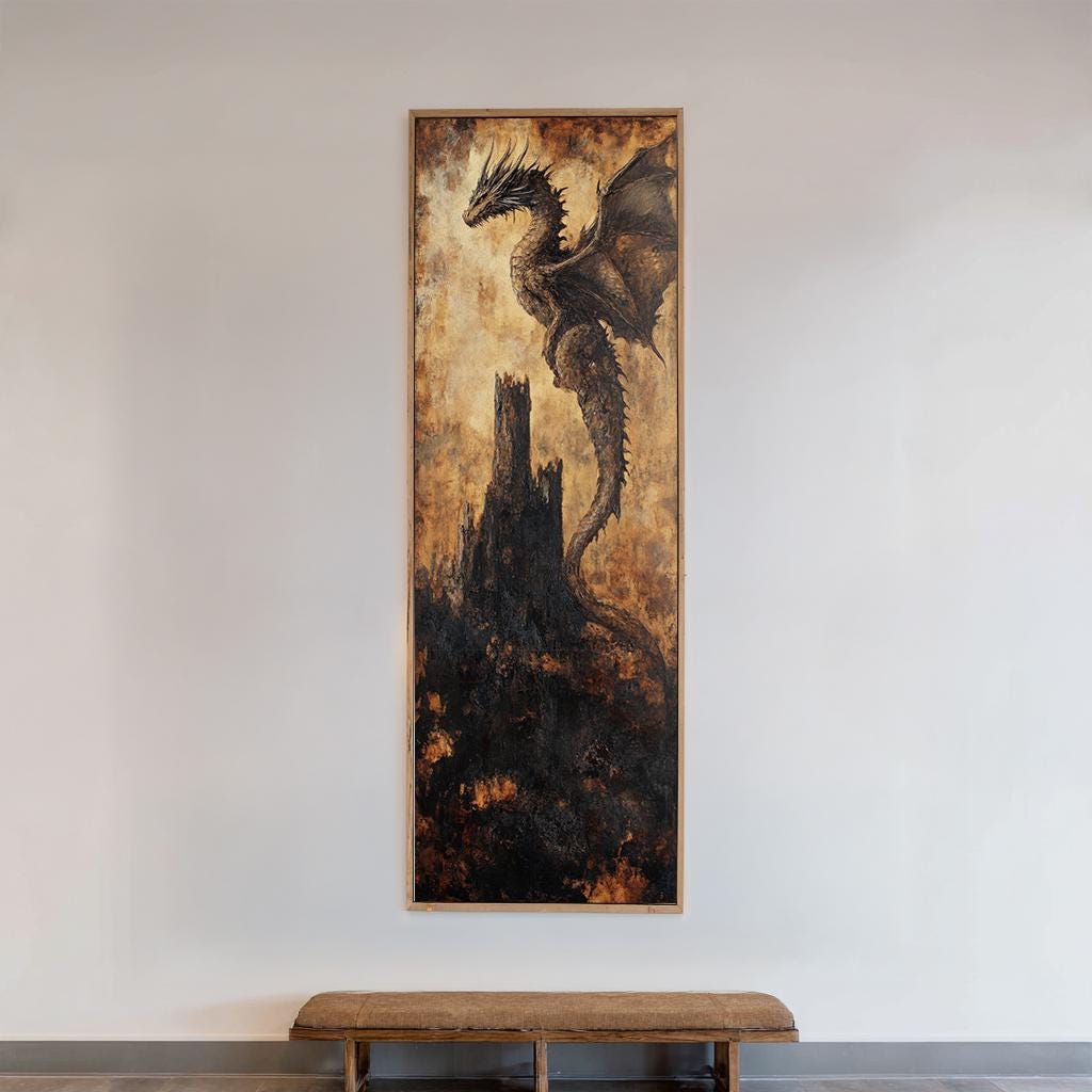 Dragons Perch Canvas Art | Impasto Print | Bohemian Wall Art For Living Room | Burnt Sienna Obsidian Art | Fantasy Decor Long Vertical Art