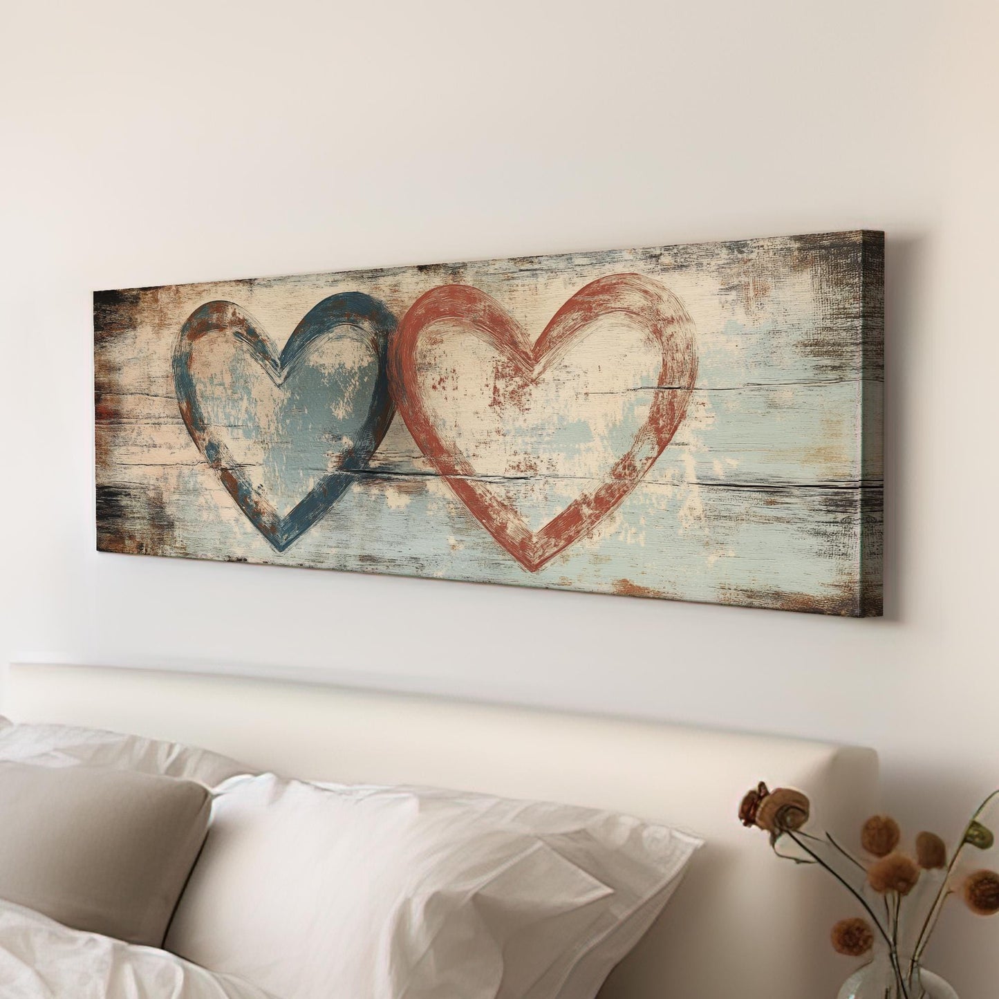 Double Heartbeat Canvas Art | Impasto Print | Bohemian Wall Art For Living Room | Driftwood Terracotta Art Panoramic Wall Art