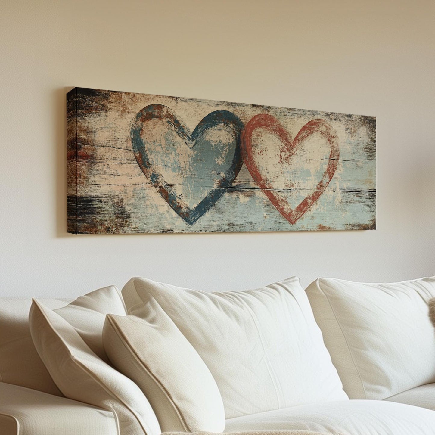 Double Heartbeat Canvas Art | Impasto Print | Bohemian Wall Art For Living Room | Driftwood Terracotta Art Panoramic Wall Art