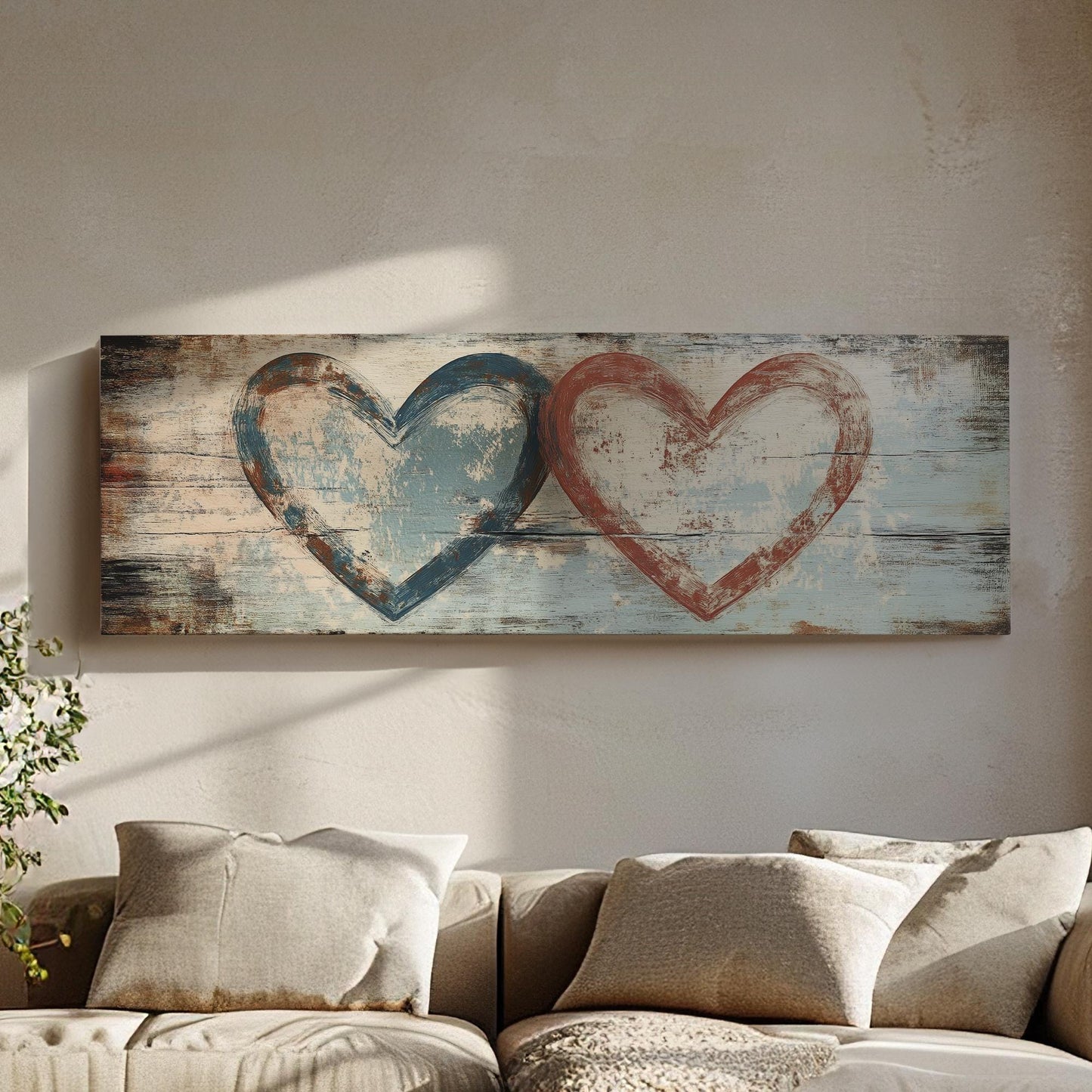 Double Heartbeat Canvas Art | Impasto Print | Bohemian Wall Art For Living Room | Driftwood Terracotta Art Panoramic Wall Art
