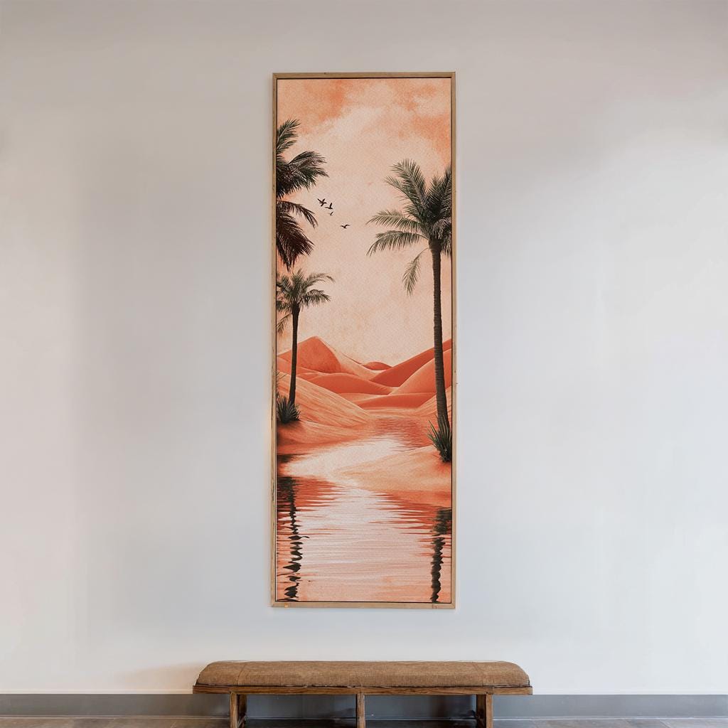 Desert Oasis Palm Trees Canvas Art | Minimalist Digital Print | Biophilic Wall Art For Living Room | Terracotta Sunset Art Long Vertical Art