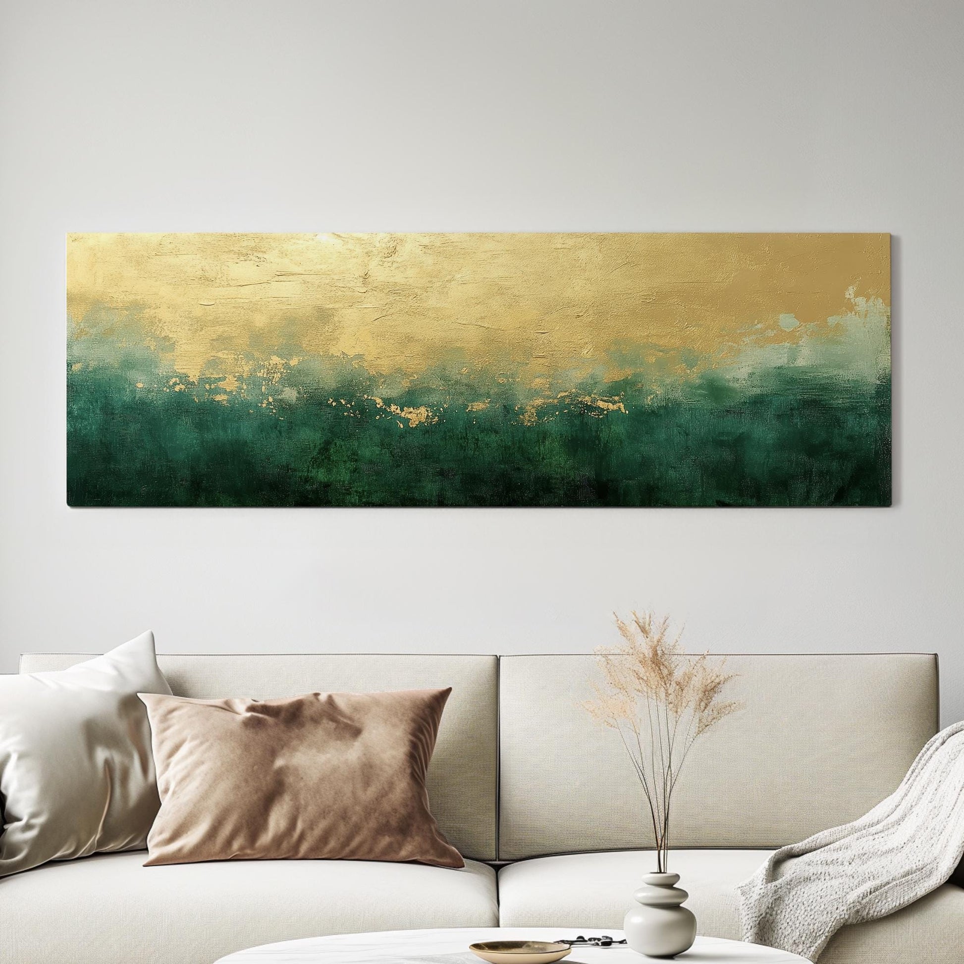 Abstract Gold Leaf Canvas Art | Impasto Textured Print | Biophilic Wall Art For Living Room | Jade Champagne Gold Art Panoramic Wall Art