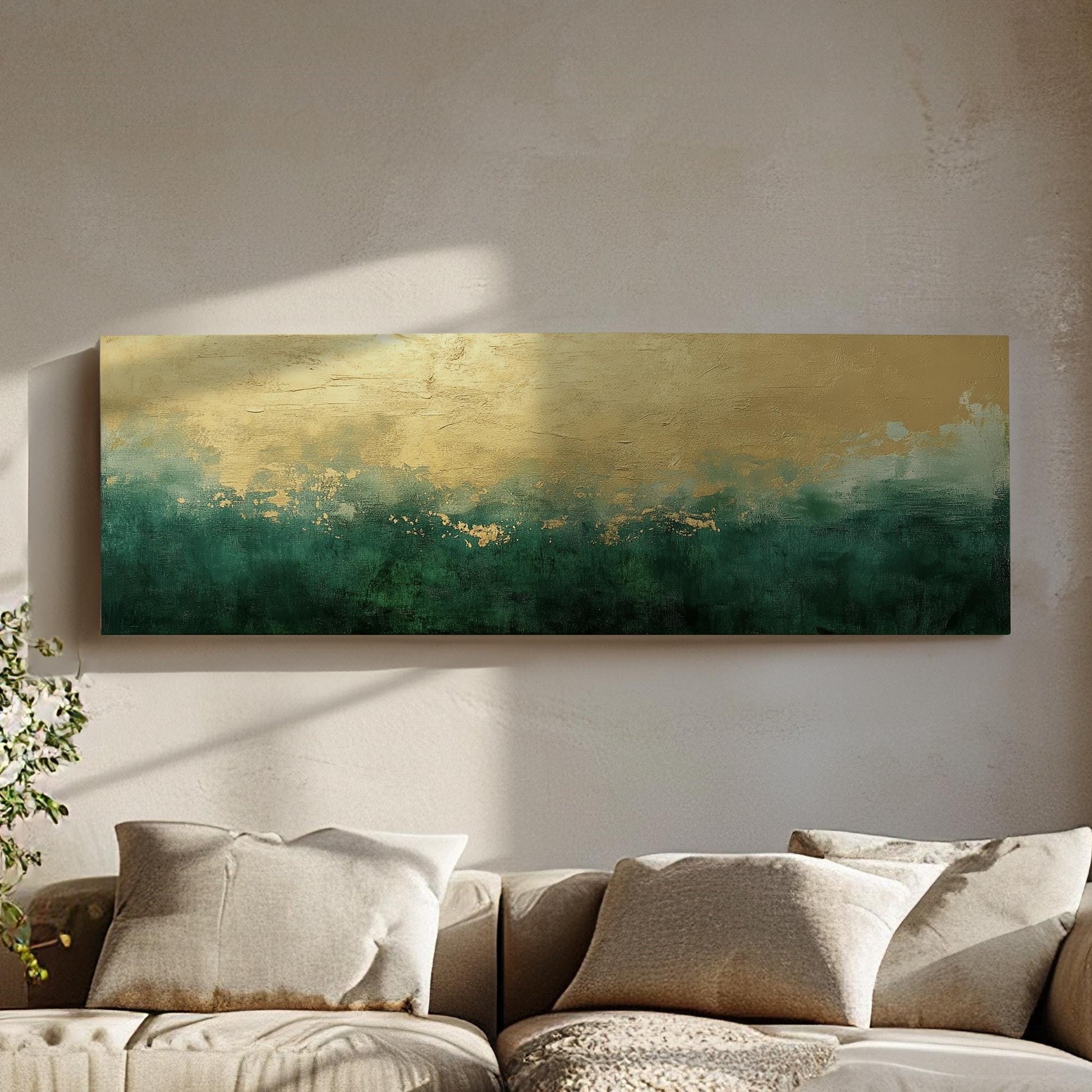 Abstract Gold Leaf Canvas Art | Impasto Textured Print | Biophilic Wall Art For Living Room | Jade Champagne Gold Art Panoramic Wall Art