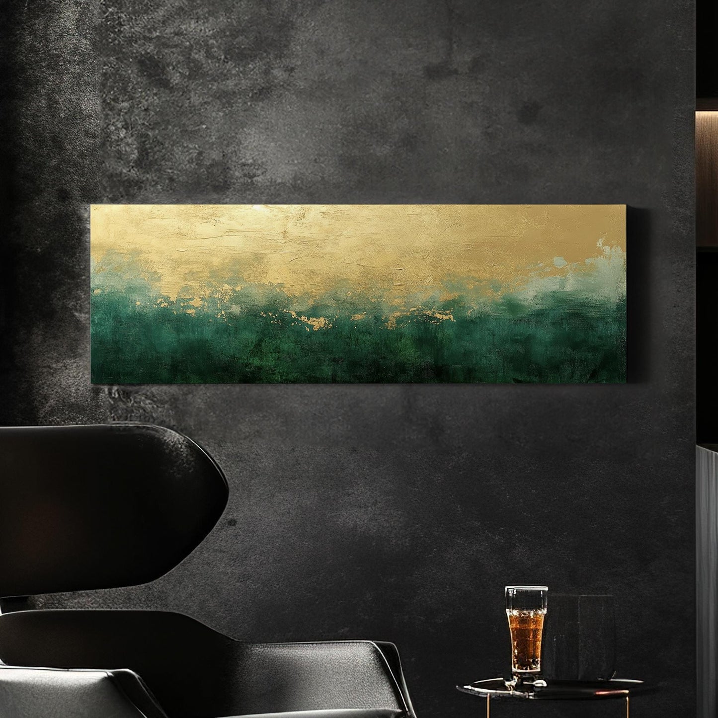 Abstract Gold Leaf Canvas Art | Impasto Textured Print | Biophilic Wall Art For Living Room | Jade Champagne Gold Art Panoramic Wall Art