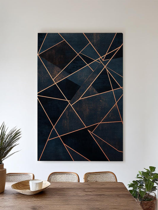 Abstract Geometric Canvas Art | Rose Gold Foil Print | Modernist Wall Art For Living Room | Midnight Blue Rose Gold Art Vertical Canvas