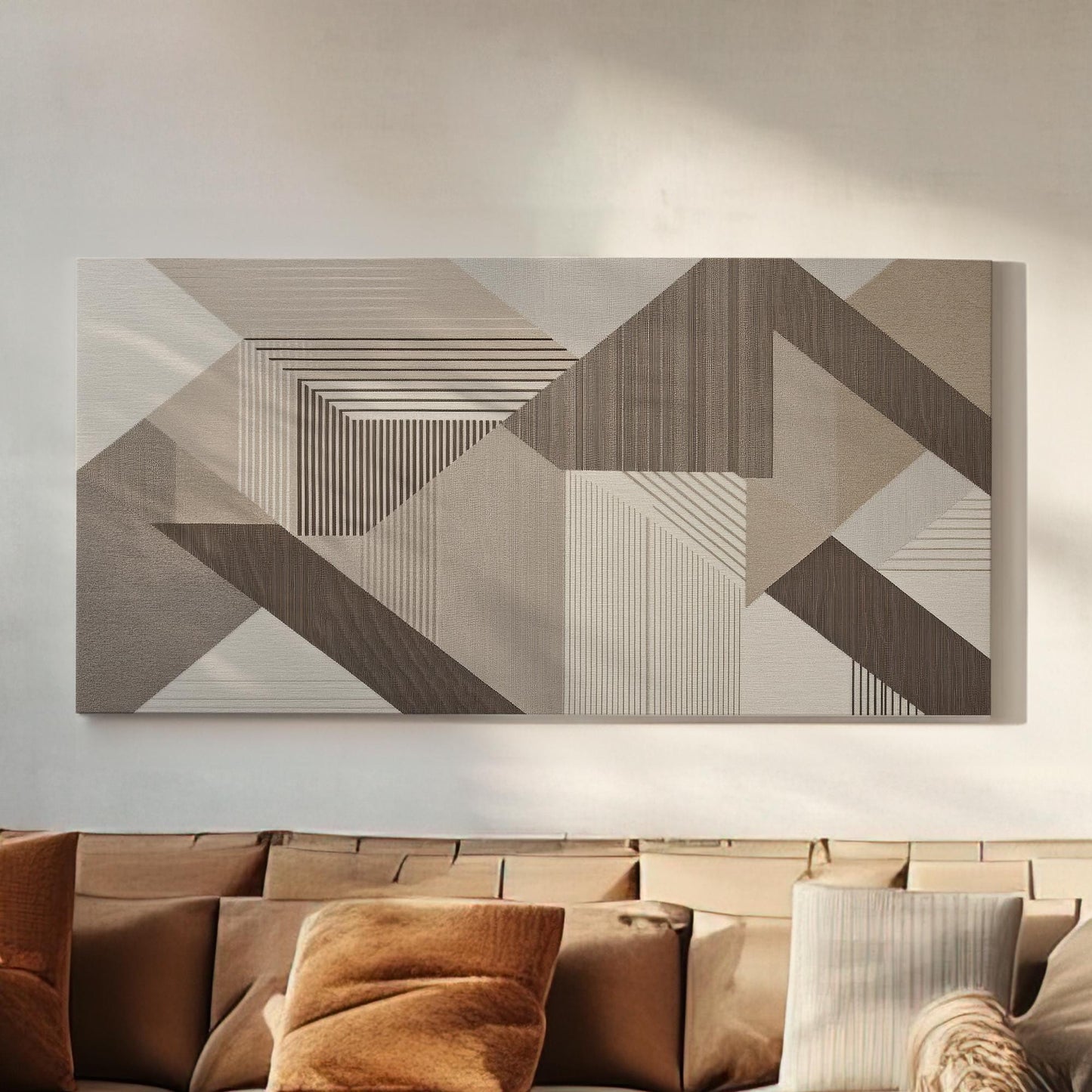 Abstract Geometric Canvas Art | Linear Stripe Print | Mid Century Modern Wall Art For Living Room | Taupe Oat Milk Art Horizontal Art