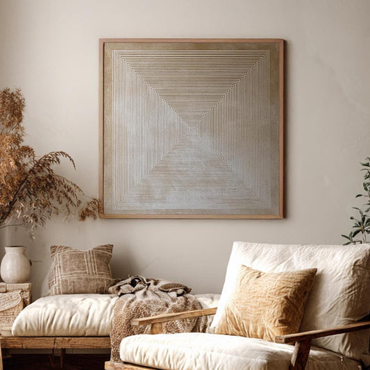 Abstract Geometric Canvas Art | Linear Perspective Print | Minimalist Wall Art For Living Room | Sandstone Off White Art Square Canvas Art