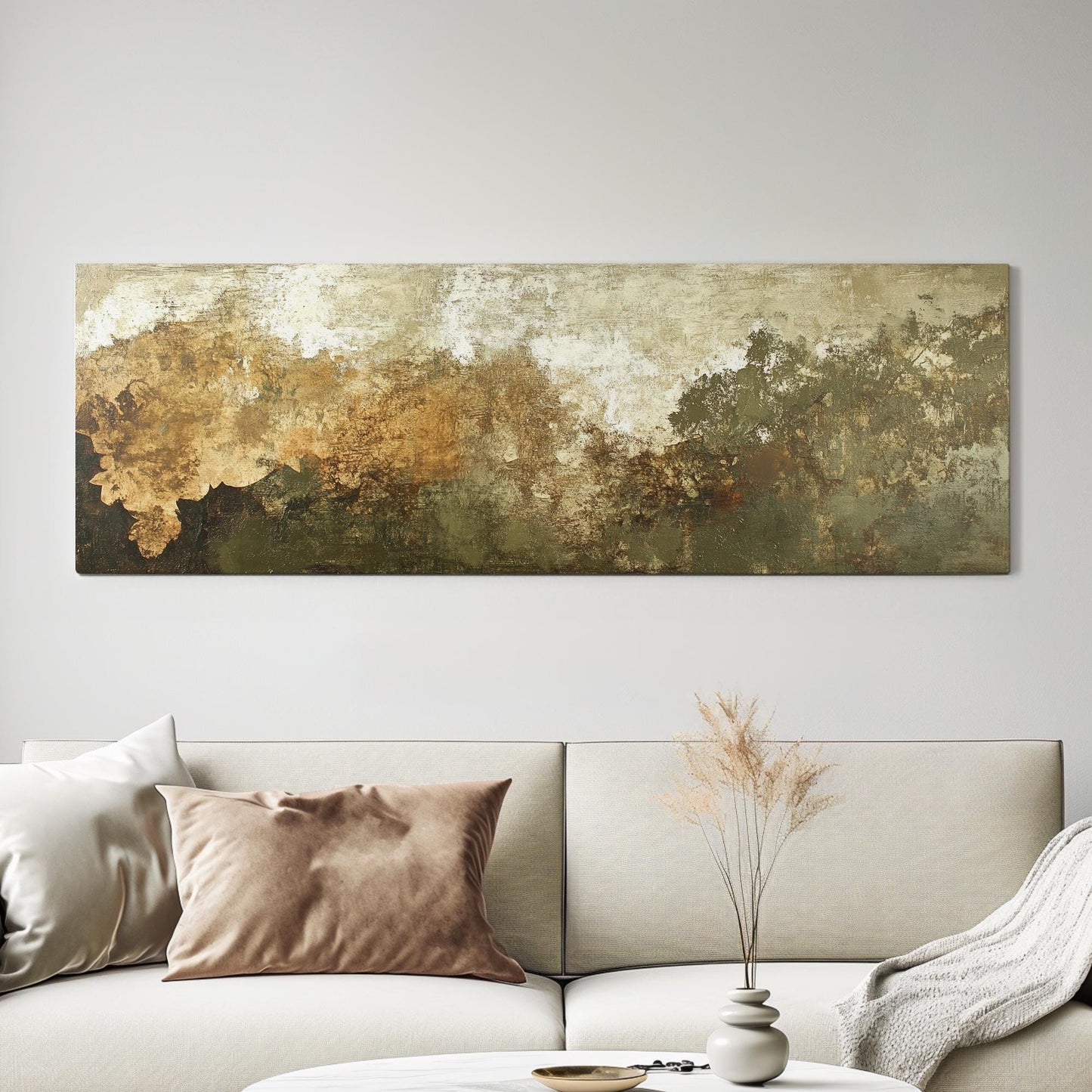 Abstract Forest Canopy Canvas Art | Impasto Texture Print | Biophilic Wall Art For Living Room | Earthy Ochre Sage Art Panoramic Wall Art