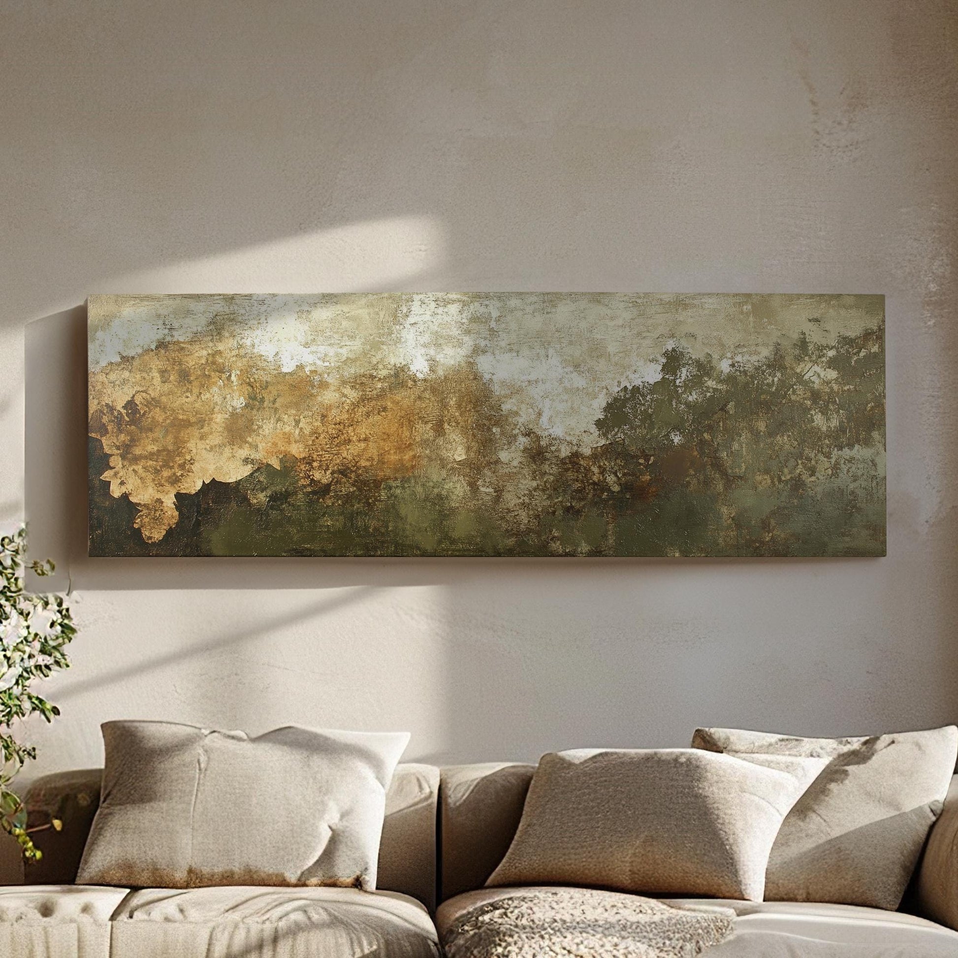 Abstract Forest Canopy Canvas Art | Impasto Texture Print | Biophilic Wall Art For Living Room | Earthy Ochre Sage Art Panoramic Wall Art