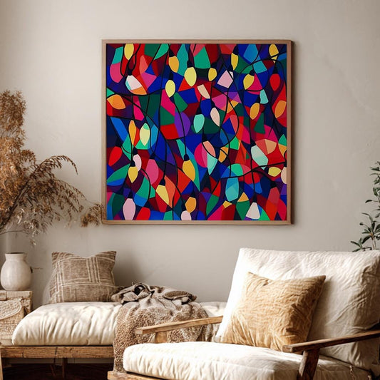 Abstract Festive Lights Canvas Art | Cubist Impressionism Print | Mid Century Modern Wall Art For Living Room Square Canvas Art