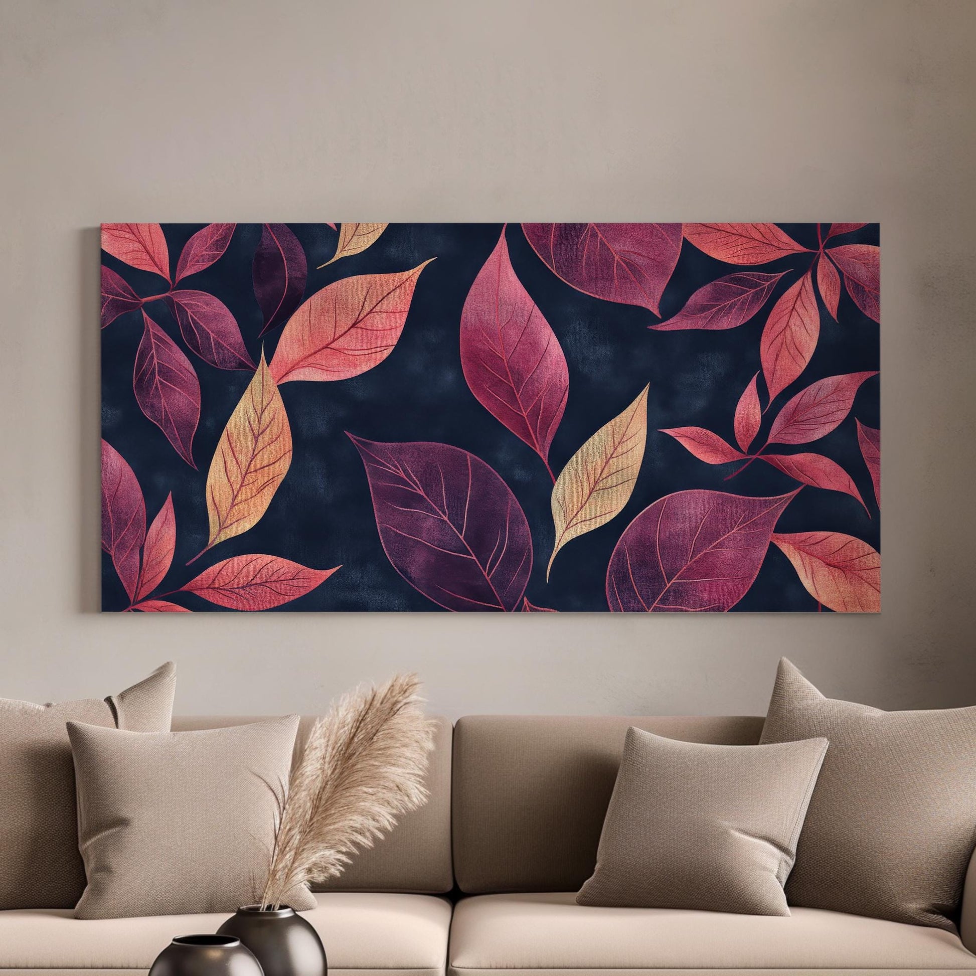 Autumnal Leaf Canvas Art | Watercolor Botanical Print | Biophilic Wall Art For Living Room | Burgundy Blush Art Horizontal Art