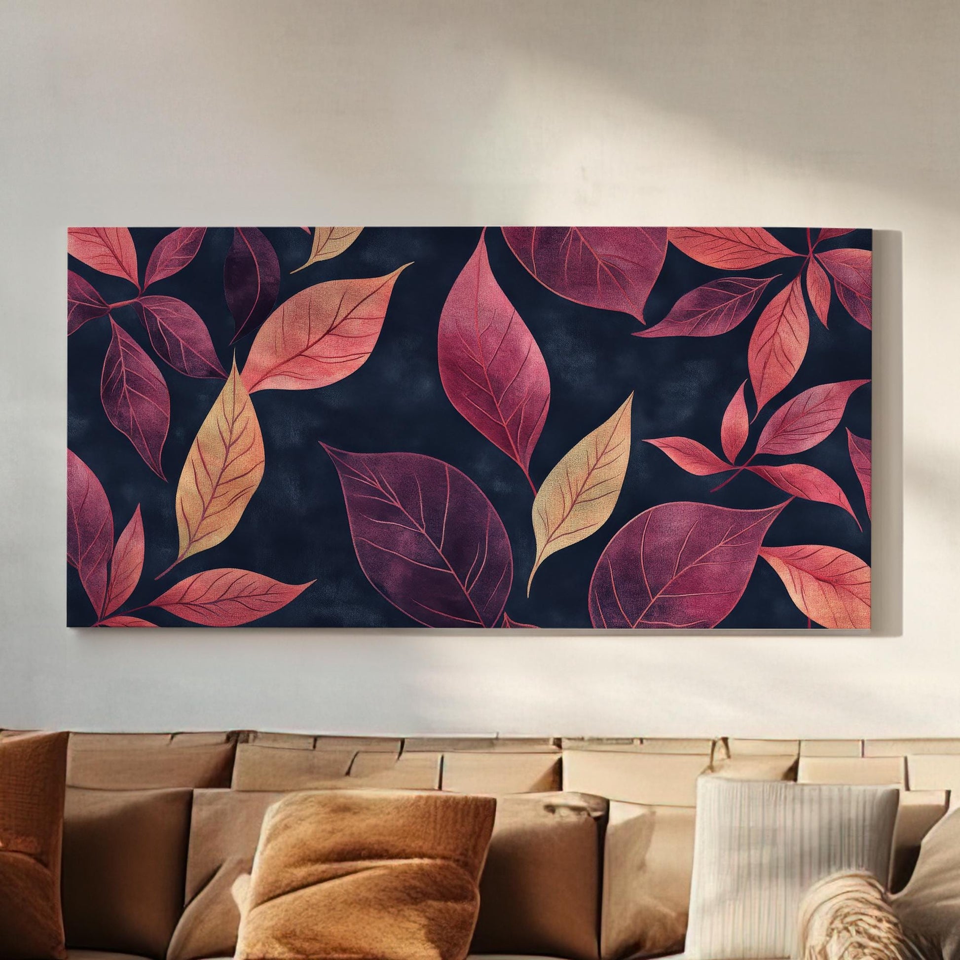 Autumnal Leaf Canvas Art | Watercolor Botanical Print | Biophilic Wall Art For Living Room | Burgundy Blush Art Horizontal Art