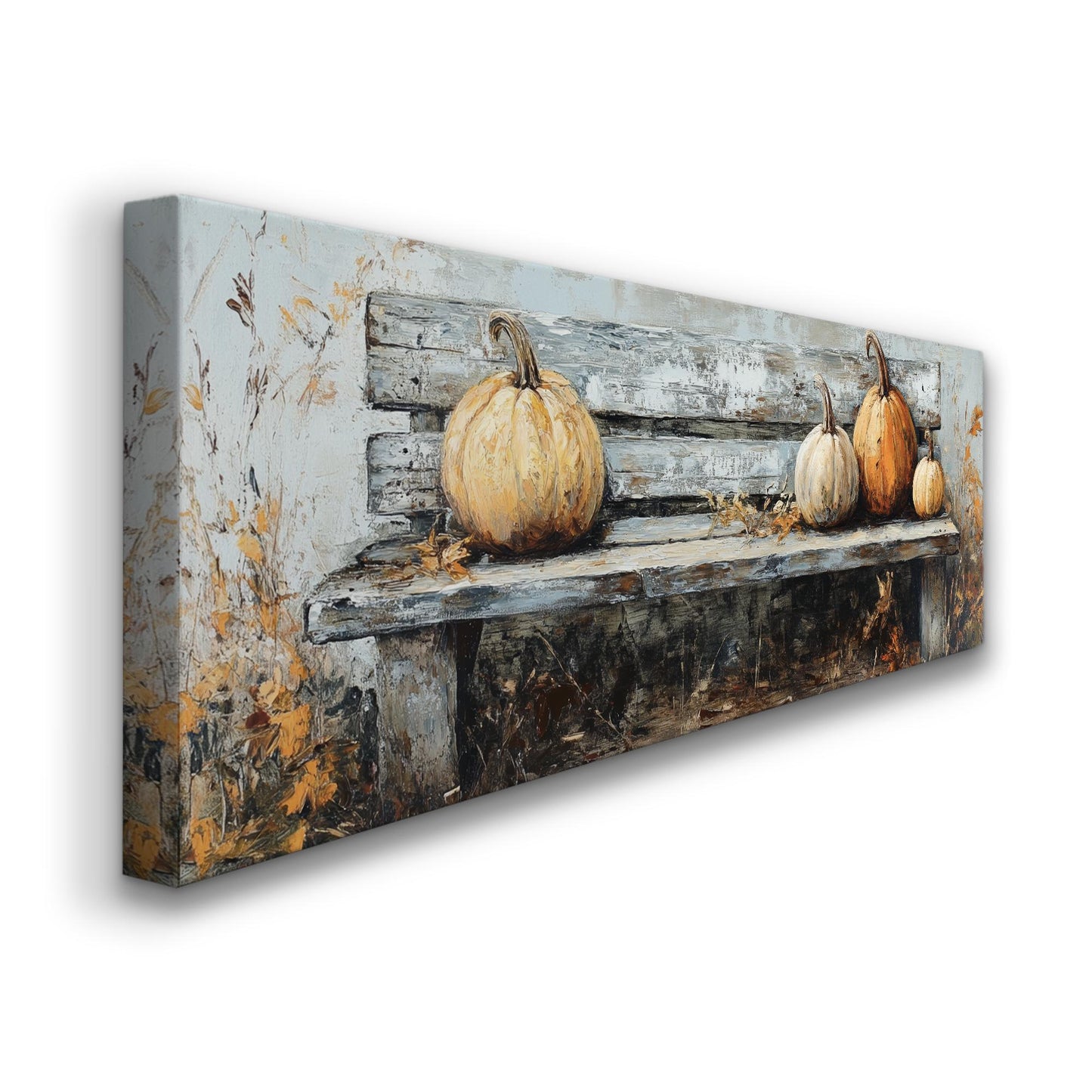 Autumnal Harvest Canvas Art | Impasto Pumpkin Print | Rustic Farmhouse Wall Art For Living Room Panoramic Wall Art