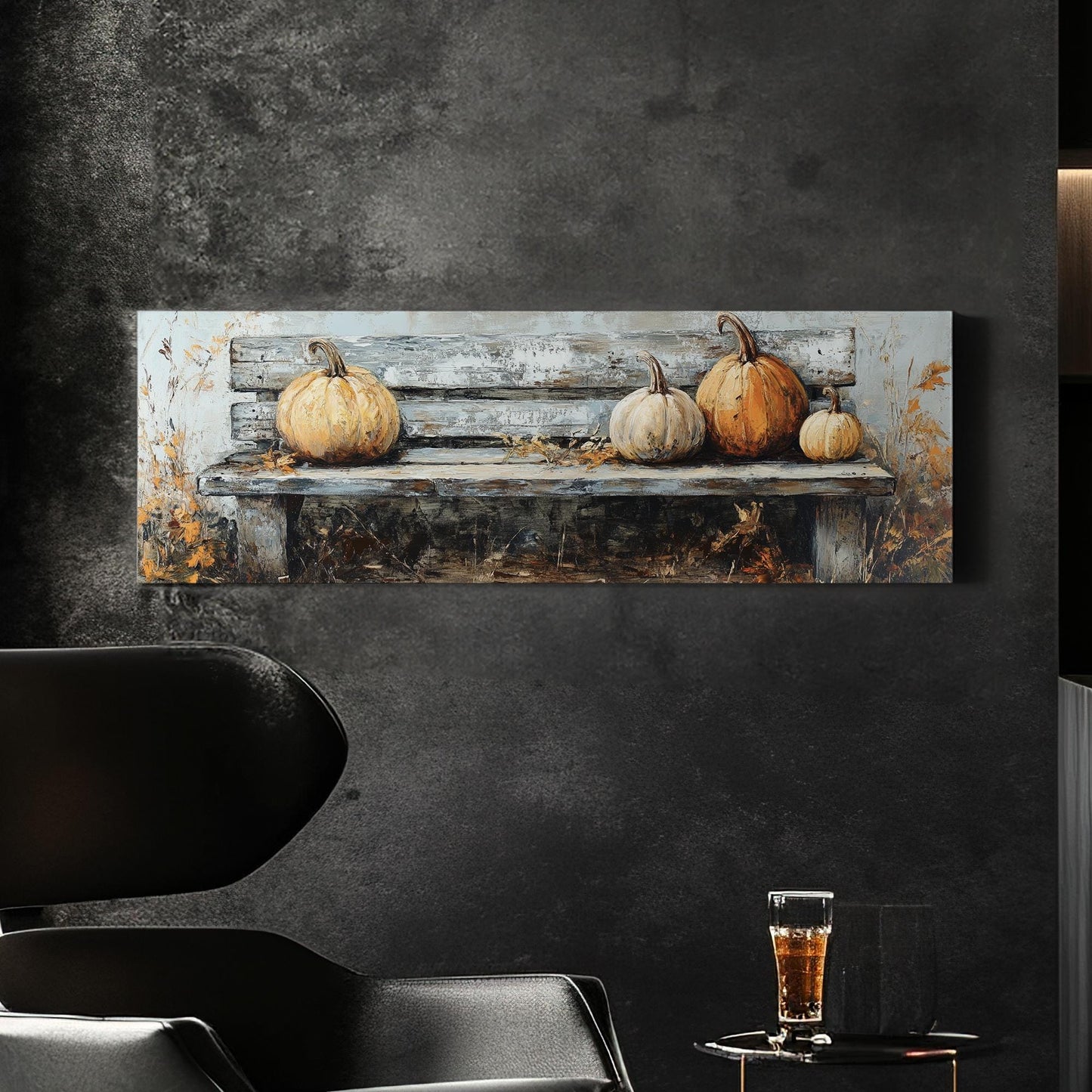Autumnal Harvest Canvas Art | Impasto Pumpkin Print | Rustic Farmhouse Wall Art For Living Room Panoramic Wall Art